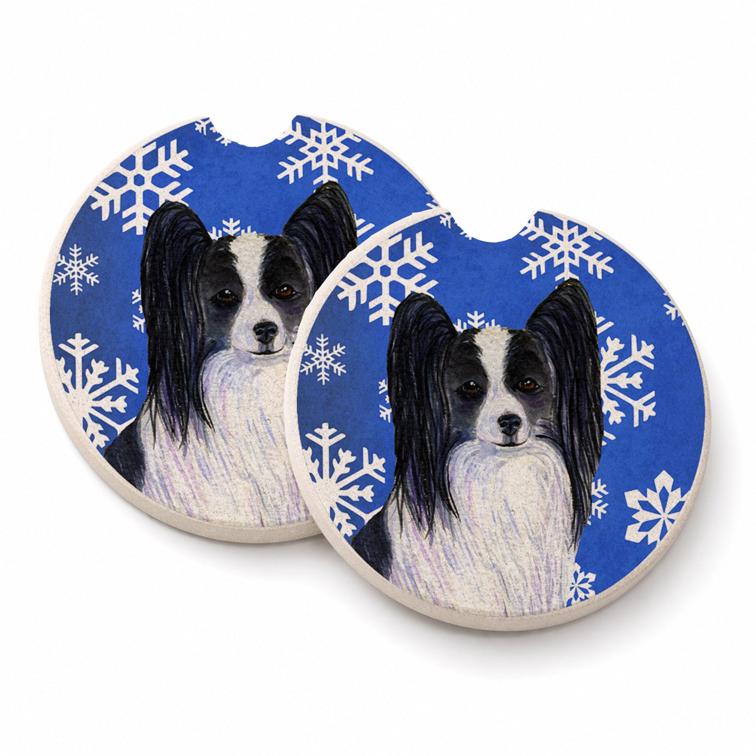 Papillon Winter Snowflakes Holiday Set of 2 Cup Holder Car Coasters Absorbent Round Sandstone Coasters Gifts for Men or Women, 2.5, Multicolor