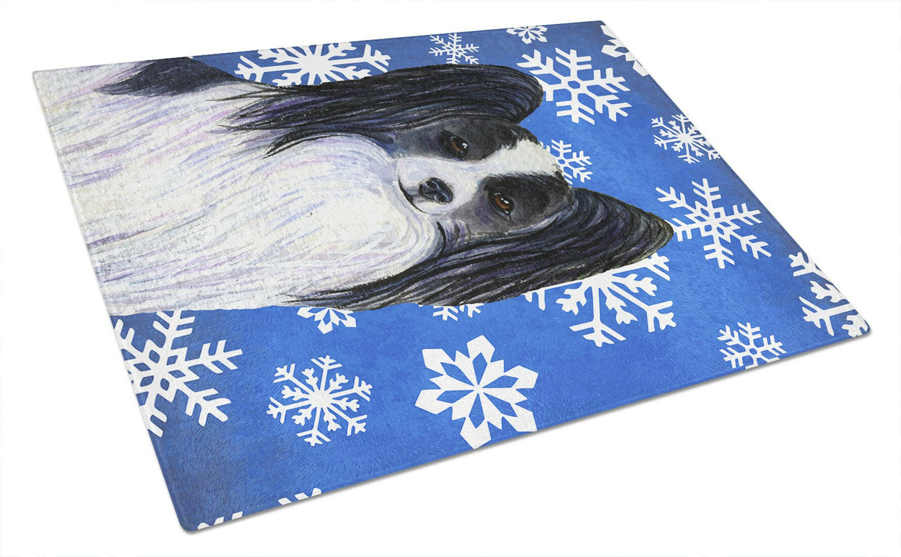 Papillon Winter Snowflakes Holiday Cutting Board Tempered Glass Kitchen Cutting Surface, Heat Resistant Chopping, Non-Slip Feet, Food Prep & Serving