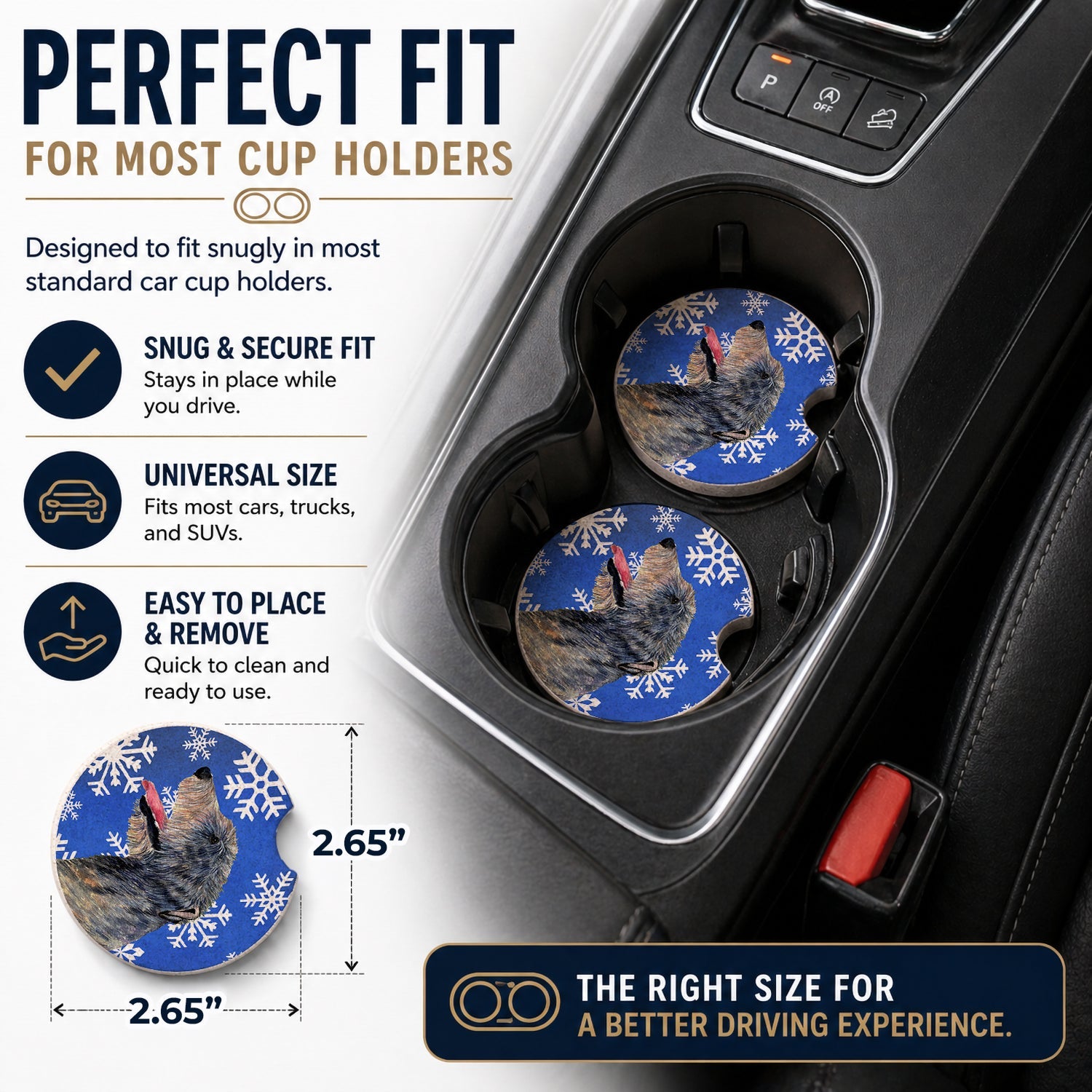 Irish Wolfhound Winter Snowflakes Holiday Set of 2 Cup Holder Car Coasters Absorbent Round Sandstone Coasters Gifts for Men or Women, 2.5, Multicolor