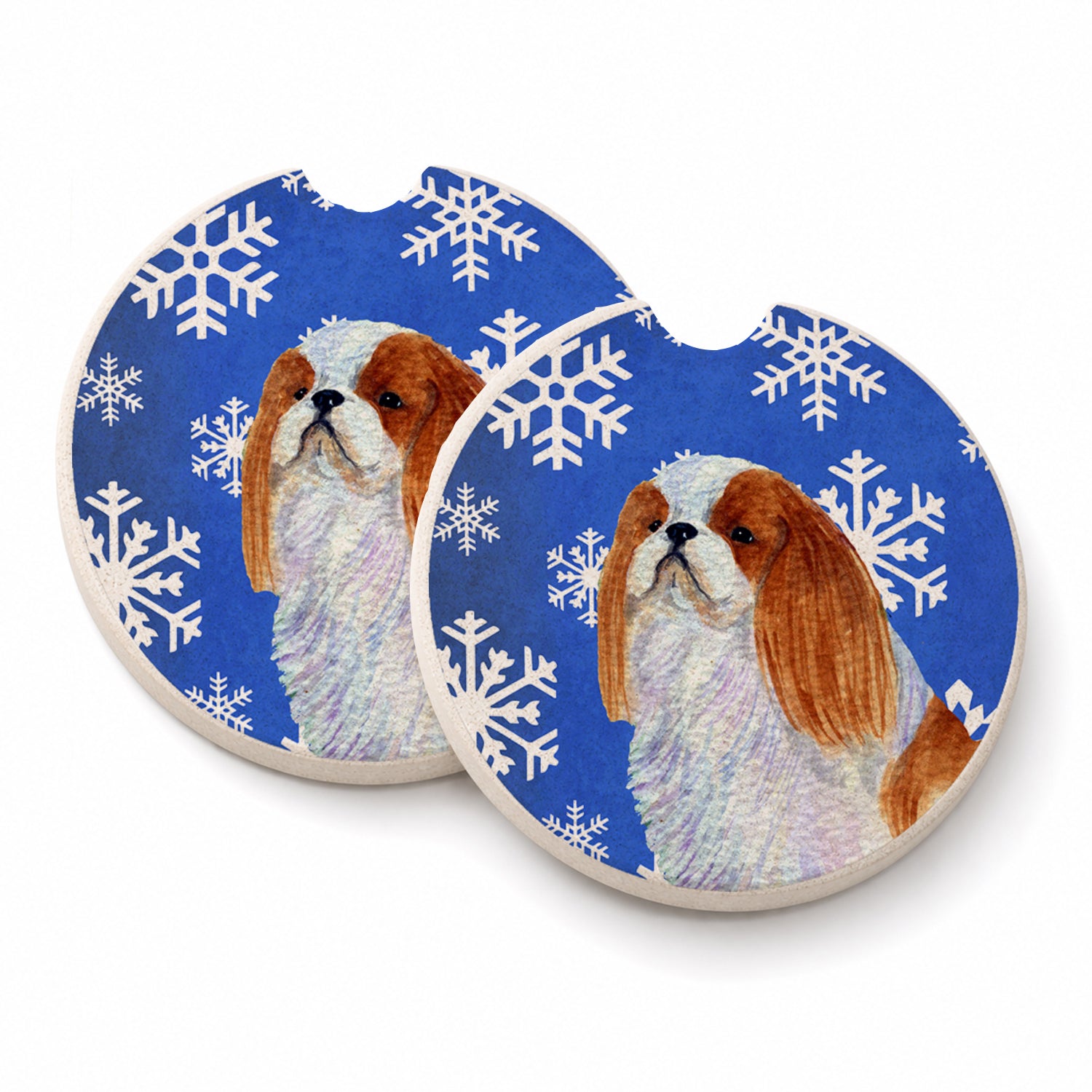 English Toy Spaniel Winter Snowflakes Holiday Set of 2 Cup Holder Car Coasters Absorbent Round Sandstone Coasters Gifts for Men or Women, 2.5, Multicolor