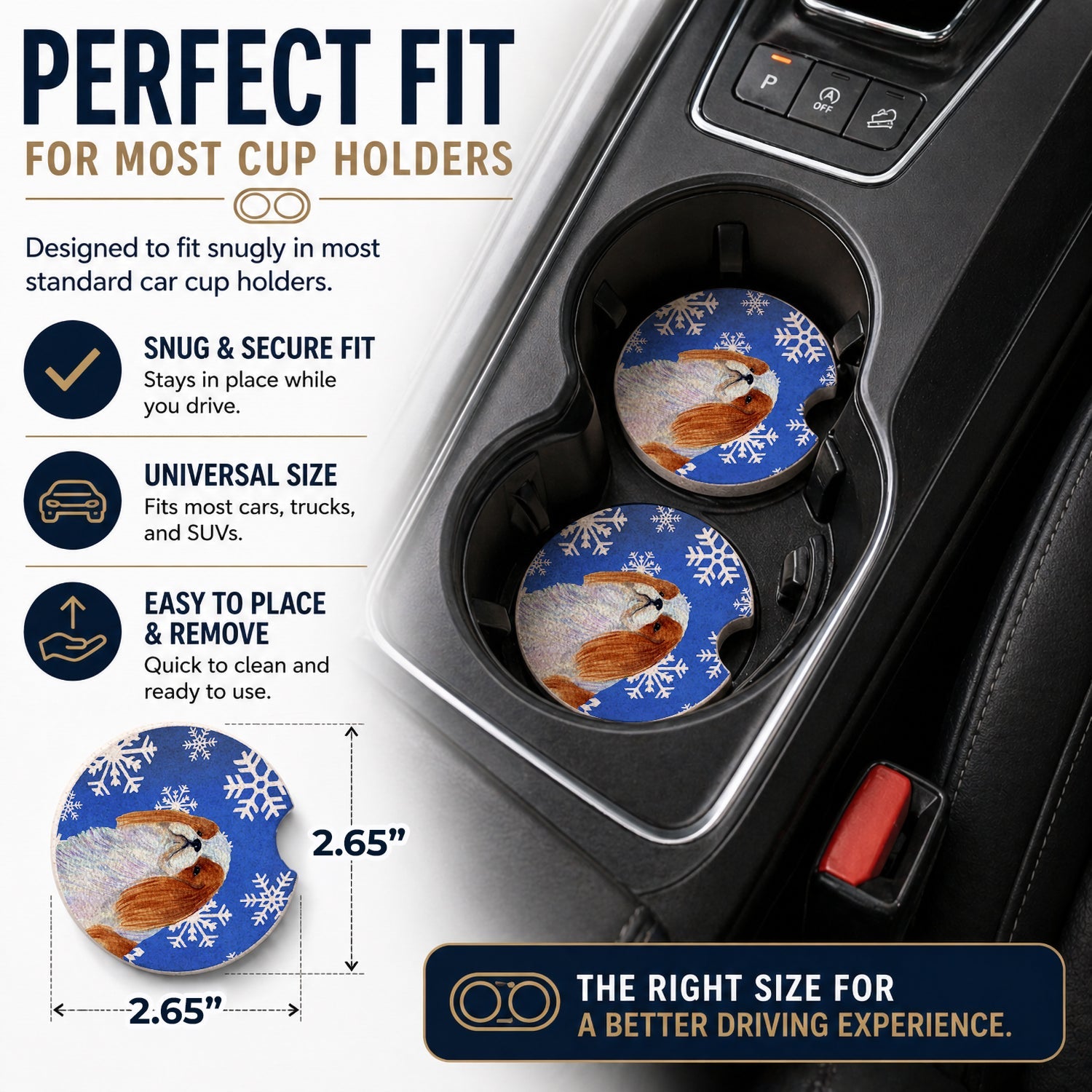 English Toy Spaniel Winter Snowflakes Holiday Set of 2 Cup Holder Car Coasters Absorbent Round Sandstone Coasters Gifts for Men or Women, 2.5, Multicolor