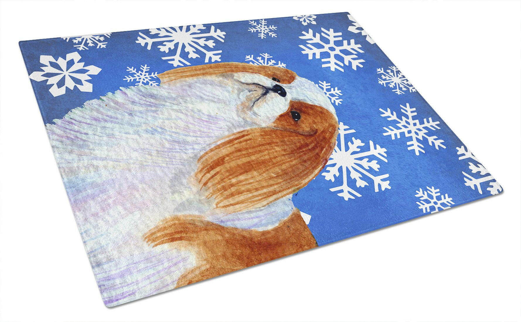 English Toy Spaniel Winter Snowflakes Holiday Cutting Board Tempered Glass Kitchen Cutting Surface, Heat Resistant Chopping, Non-Slip Feet, Food Prep & Serving