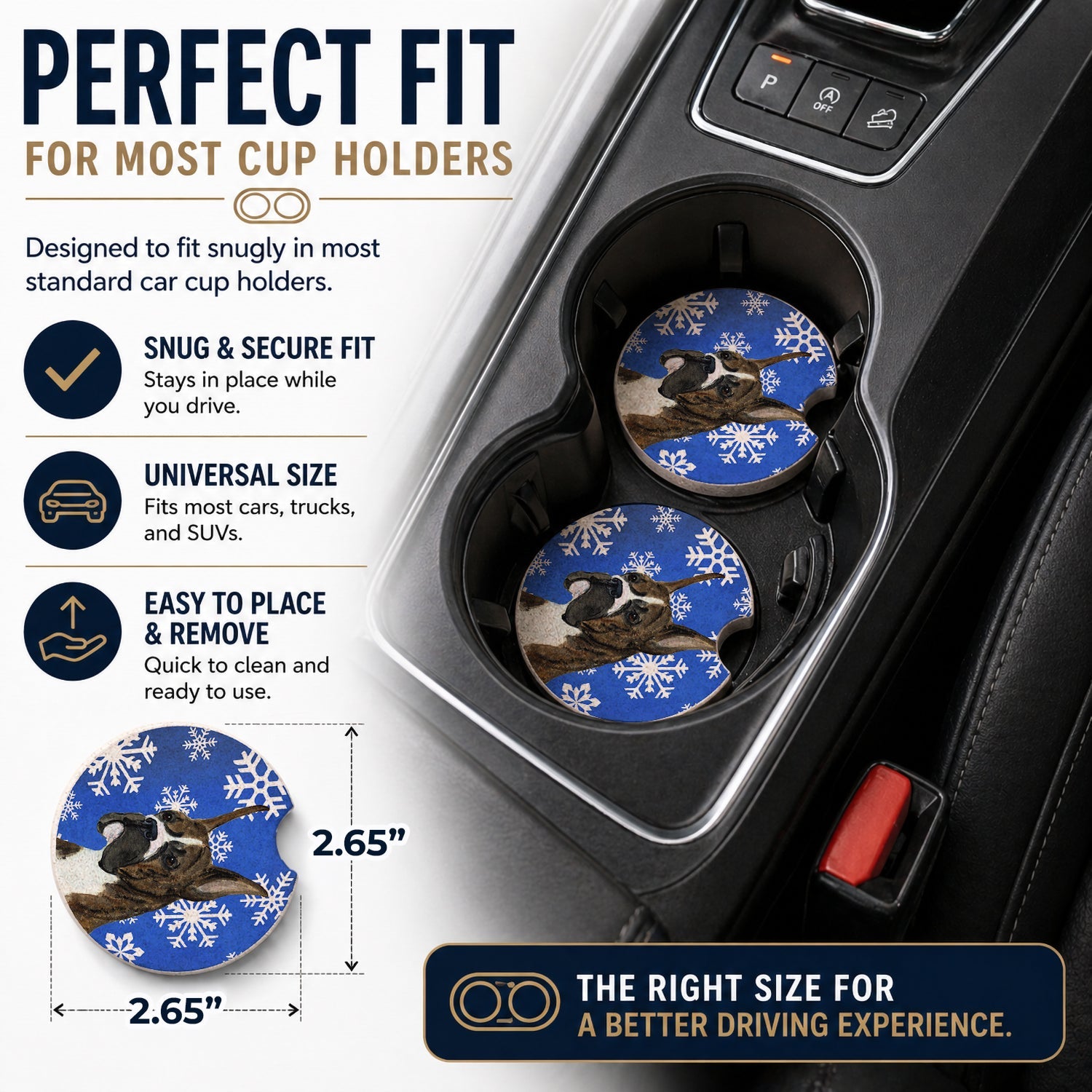 Boxer Winter Snowflakes Holiday Set of 2 Cup Holder Car Coasters Absorbent Round Sandstone Coasters Gifts for Men or Women, 2.5, Multicolor