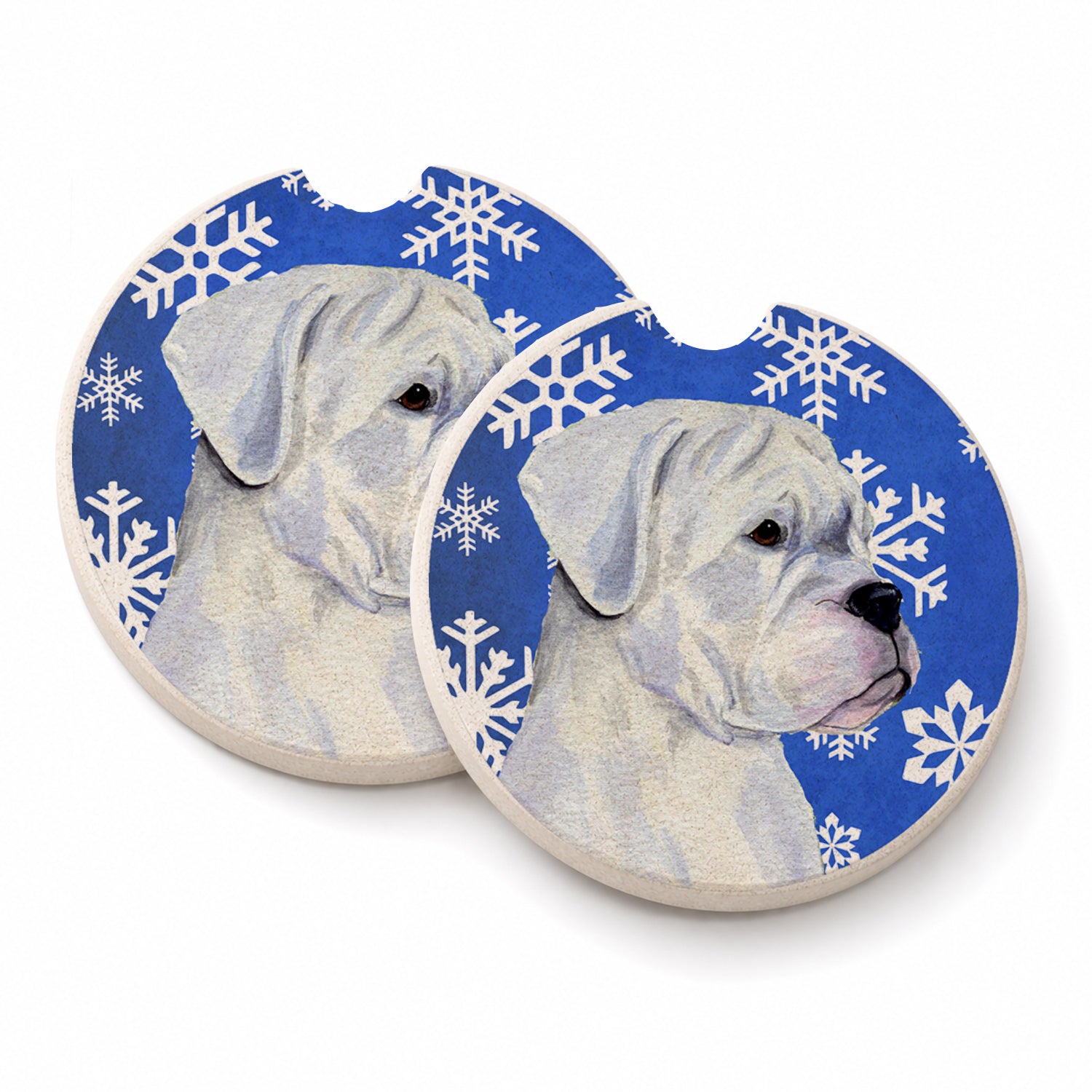 Boxer Winter Snowflakes Holiday Set of 2 Cup Holder Car Coasters Absorbent Round Sandstone Coasters Gifts for Men or Women, 2.5, Multicolor