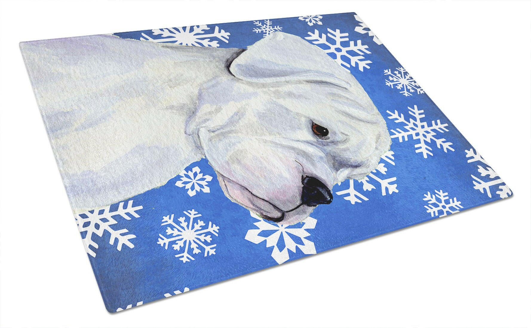 Boxer Winter Snowflakes Holiday Cutting Board Tempered Glass Kitchen Cutting Surface, Heat Resistant Chopping, Non-Slip Feet, Food Prep & Serving