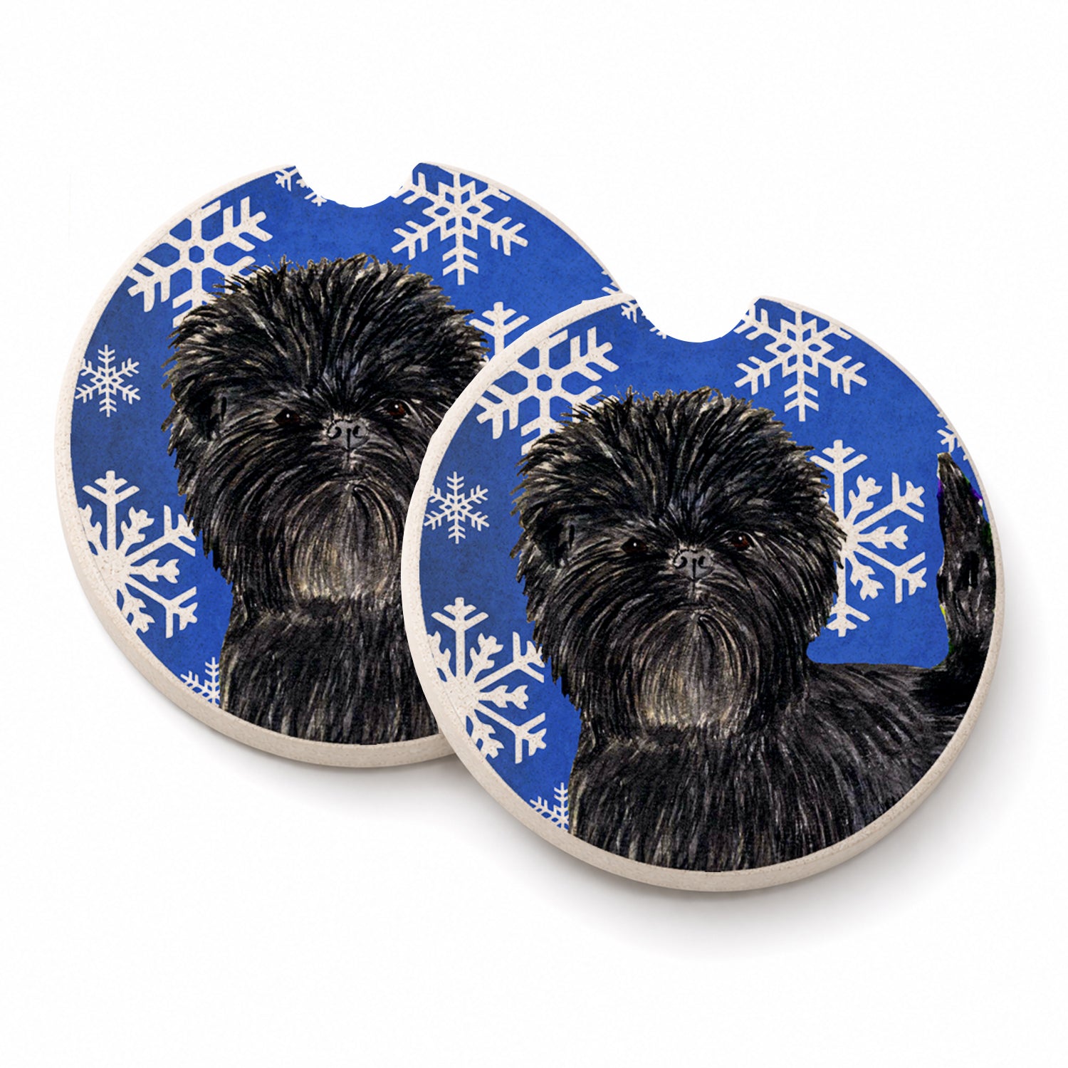 Affenpinscher Winter Snowflakes Holiday Set of 2 Cup Holder Car Coasters Absorbent Round Sandstone Coasters Gifts for Men or Women, 2.5, Multicolor