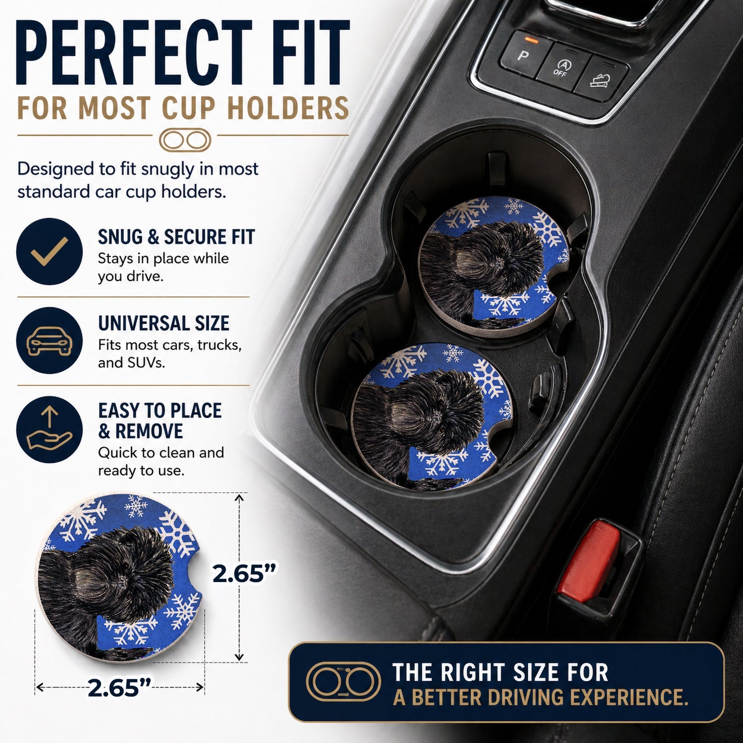 Affenpinscher Winter Snowflakes Holiday Set of 2 Cup Holder Car Coasters Absorbent Round Sandstone Coasters Gifts for Men or Women, 2.5, Multicolor