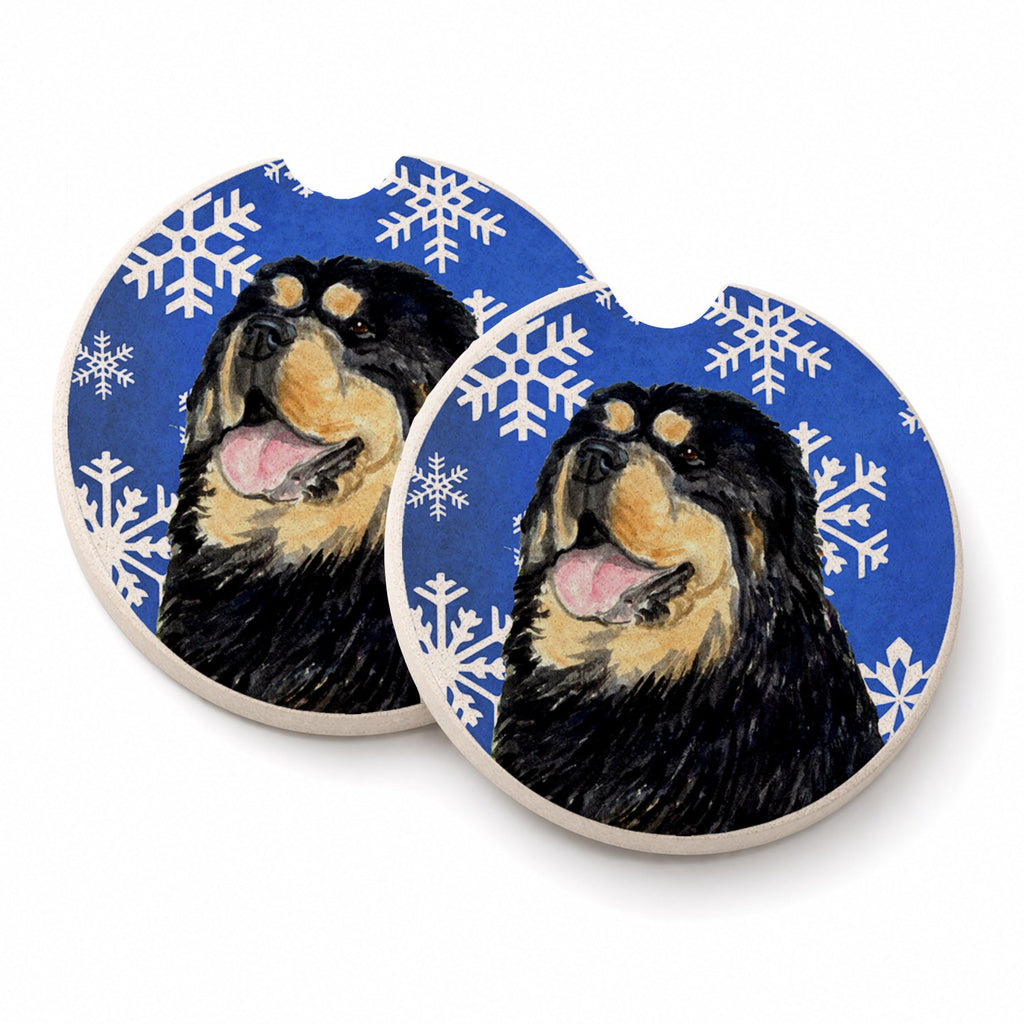 Tibetan Mastiff Winter Snowflakes Holiday Set of 2 Cup Holder Car Coasters Absorbent Round Sandstone Coasters Gifts for Men or Women, 2.5, Multicolor