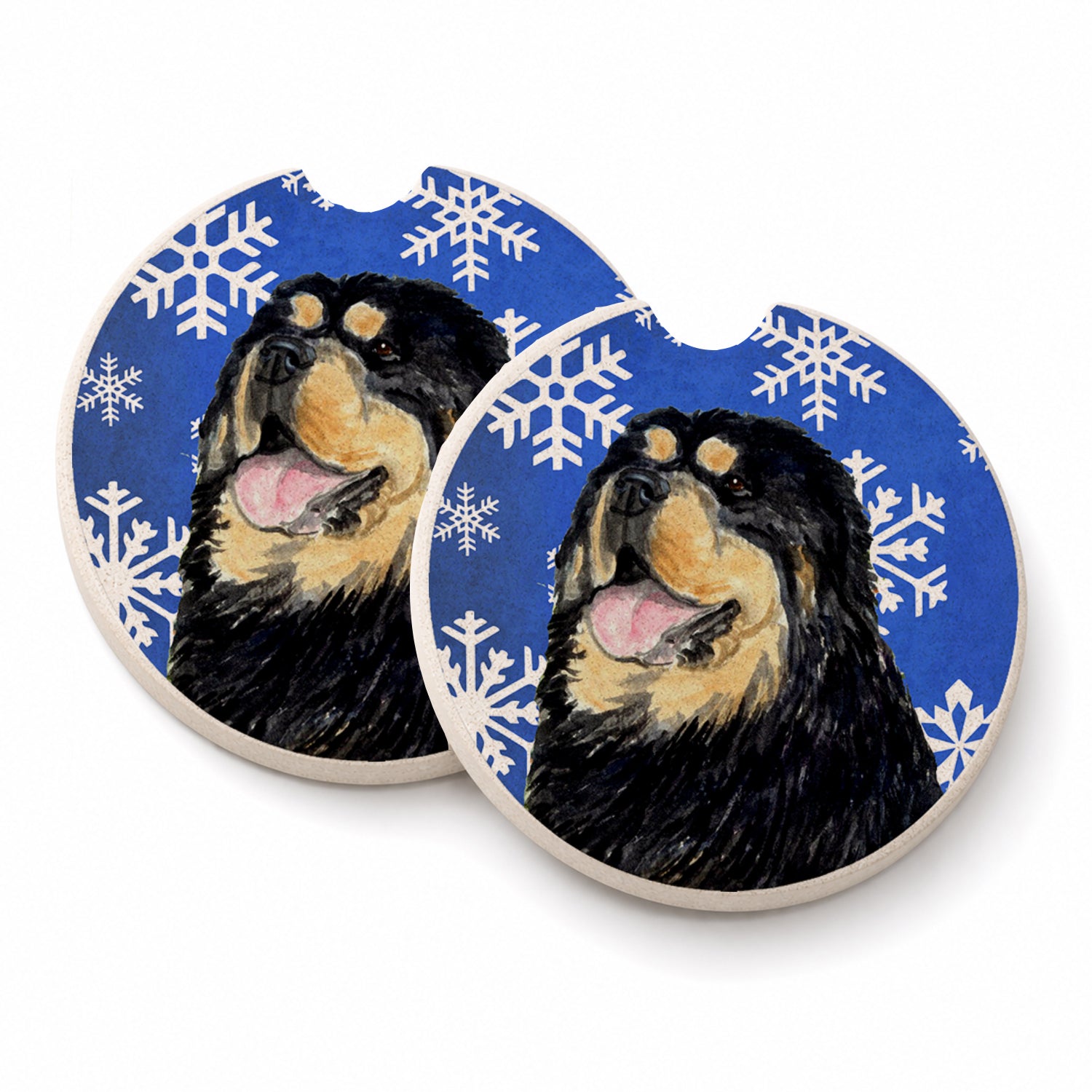 Tibetan Mastiff Winter Snowflakes Holiday Set of 2 Cup Holder Car Coasters Absorbent Round Sandstone Coasters Gifts for Men or Women, 2.5, Multicolor