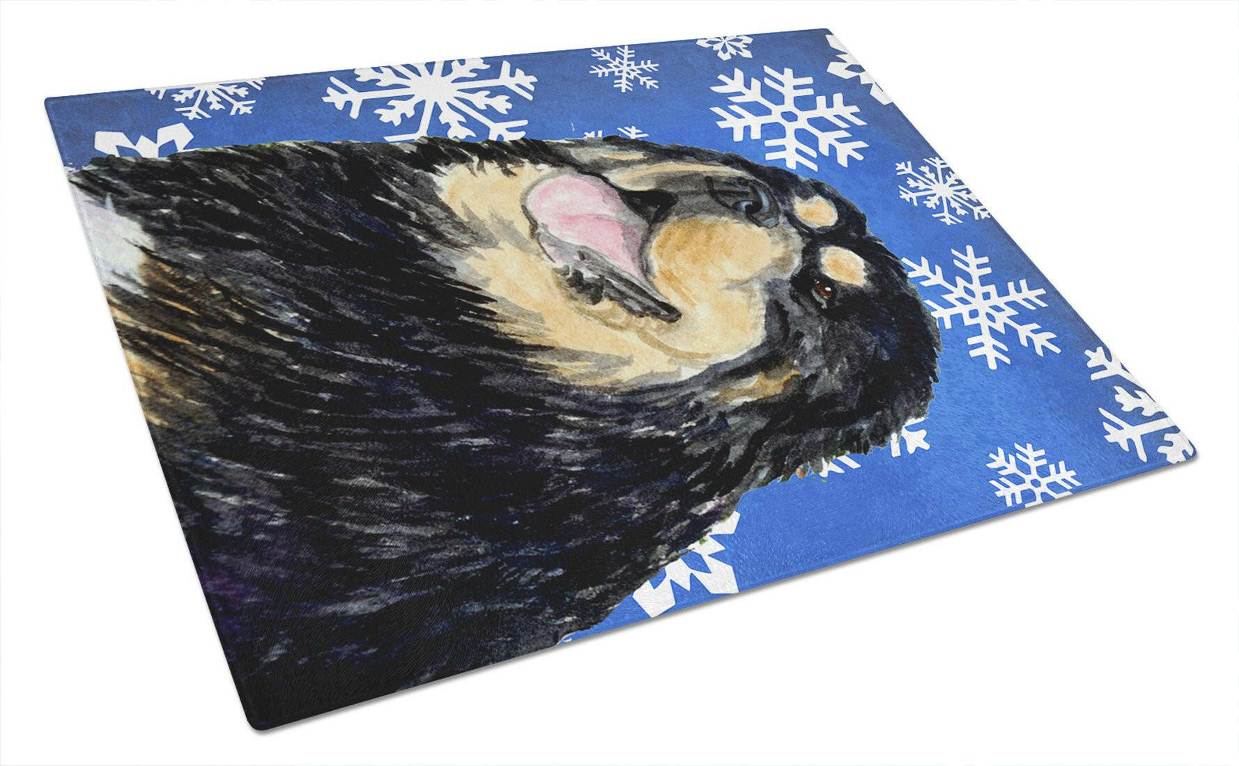 Tibetan Mastiff Winter Snowflakes Holiday Cutting Board Tempered Glass Kitchen Cutting Surface, Heat Resistant Chopping, Non-Slip Feet, Food Prep & Serving