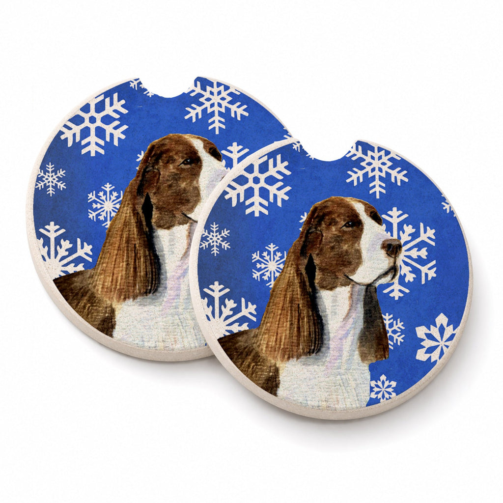 Springer Spaniel Winter Snowflakes Holiday Set of 2 Cup Holder Car Coasters Absorbent Round Sandstone Coasters Gifts for Men or Women, 2.5, Multicolor