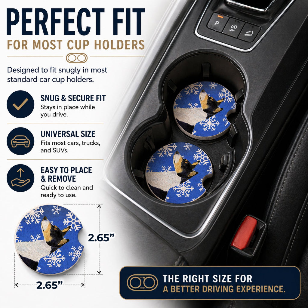 Basenji Winter Snowflakes Holiday Set of 2 Cup Holder Car Coasters Absorbent Round Sandstone Coasters Gifts for Men or Women, 2.5, Multicolor