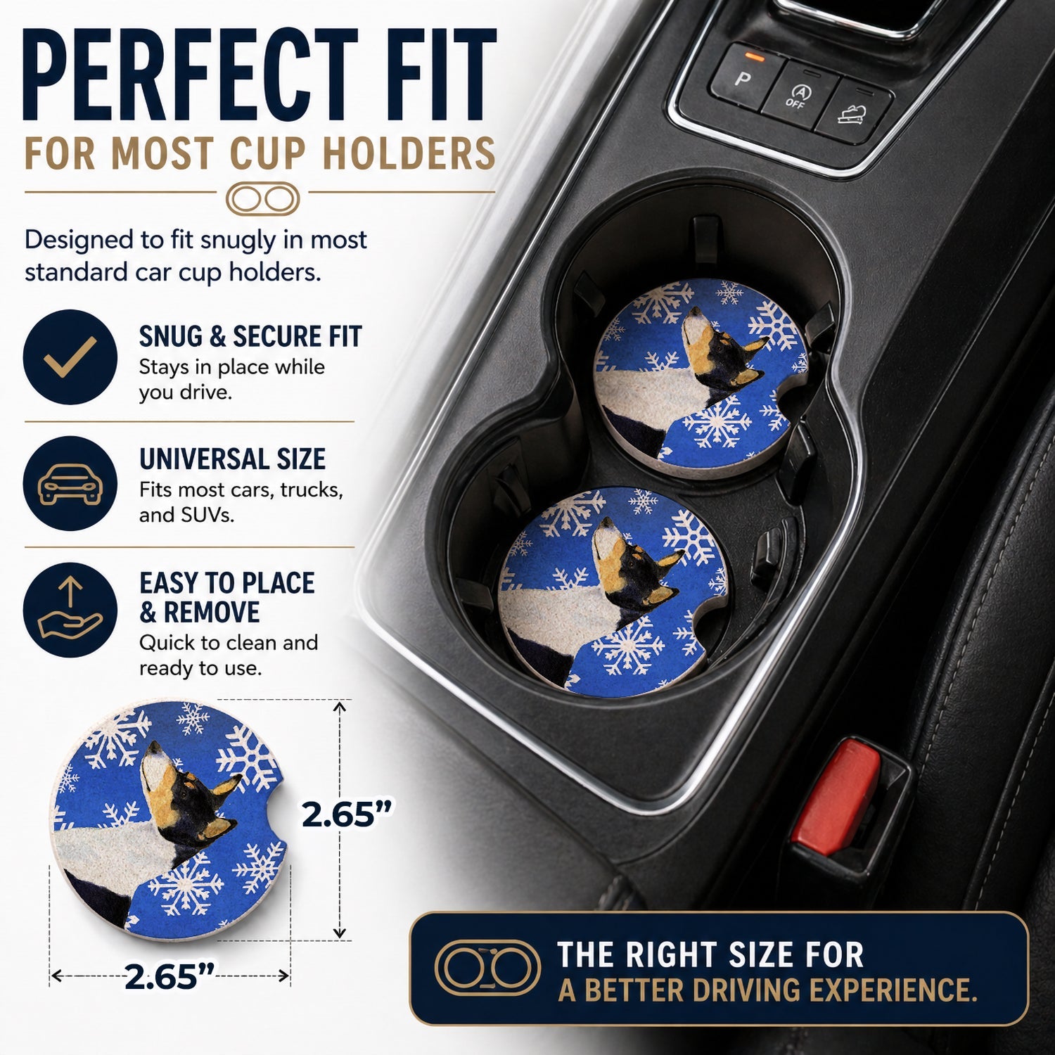 Basenji Winter Snowflakes Holiday Set of 2 Cup Holder Car Coasters Absorbent Round Sandstone Coasters Gifts for Men or Women, 2.5, Multicolor