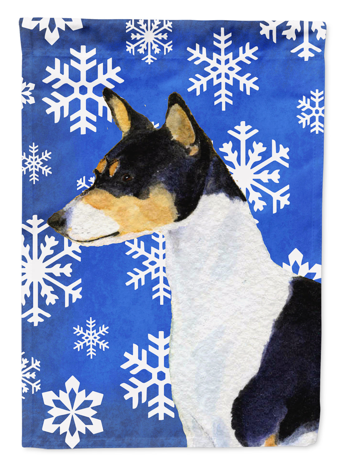 Basenji Winter Snowflakes Holiday House Flag 28x40 Porch Sleeve Pole Decorative Outside Yard Banner Artwork Wall Hanging, Polyester