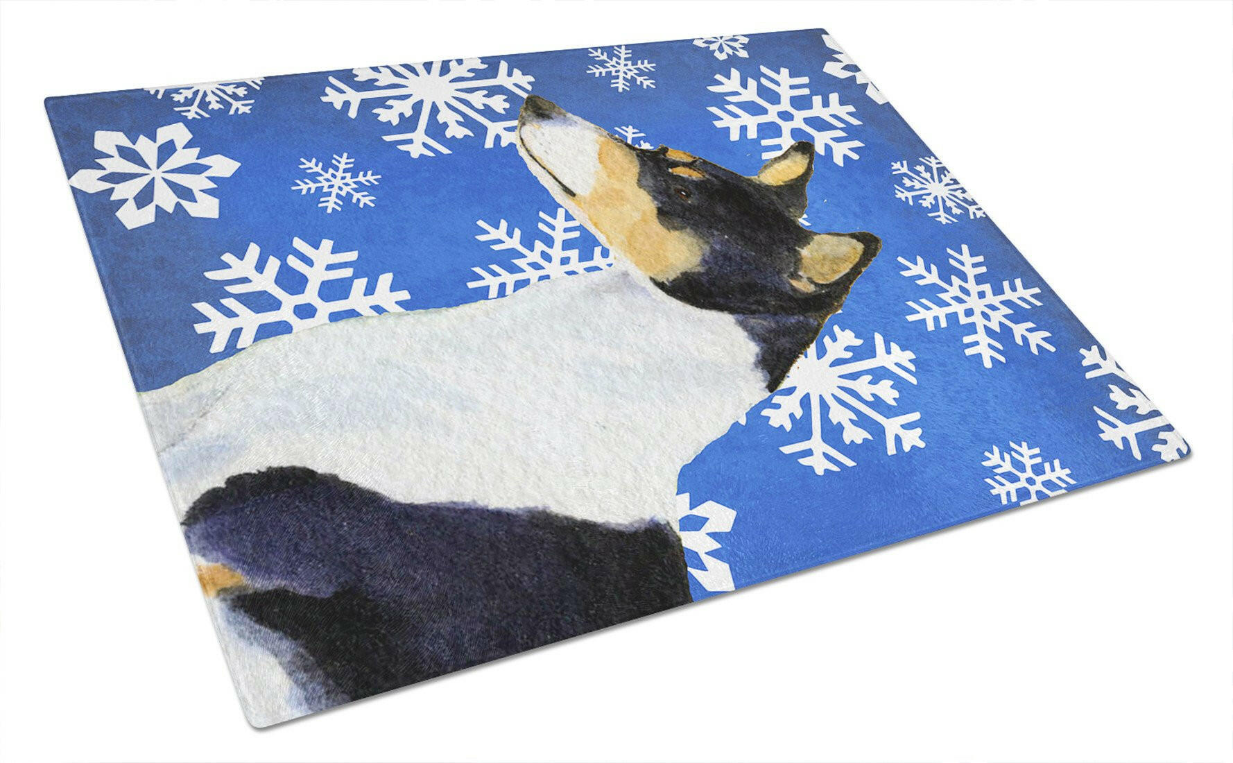Basenji Winter Snowflakes Holiday Cutting Board Tempered Glass Kitchen Cutting Surface, Heat Resistant Chopping, Non-Slip Feet, Food Prep & Serving