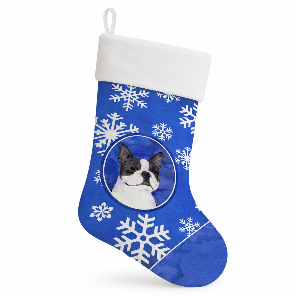 Boston Terrier Winter Snowflakes Holiday Holiday Stocking Double-Sided Print, Polyester Suede,11x18, Made in USA