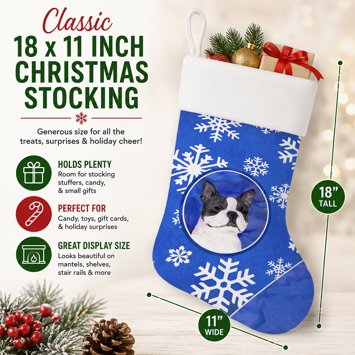 Boston Terrier Winter Snowflakes Holiday Holiday Stocking Double-Sided Print, Polyester Suede,11x18, Made in USA