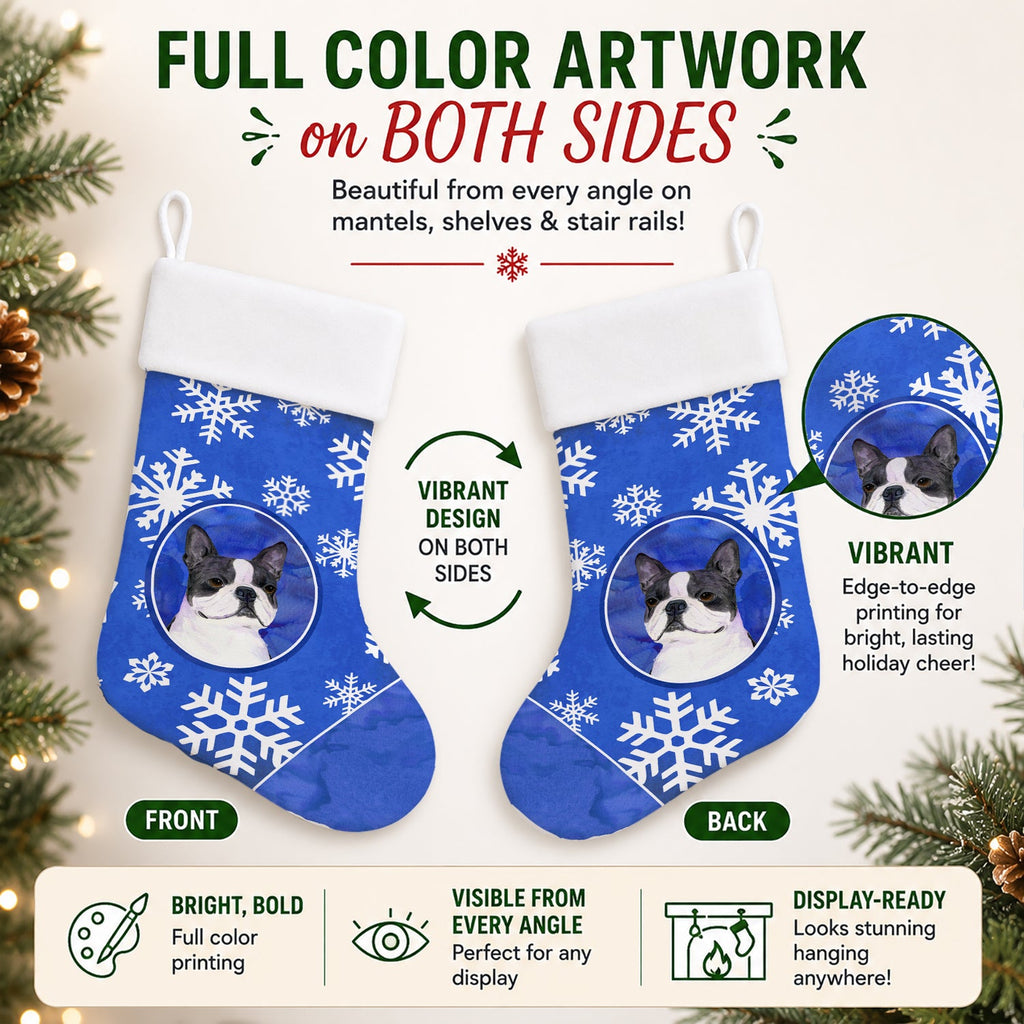 Boston Terrier Winter Snowflakes Holiday Holiday Stocking Double-Sided Print, Polyester Suede,11x18, Made in USA