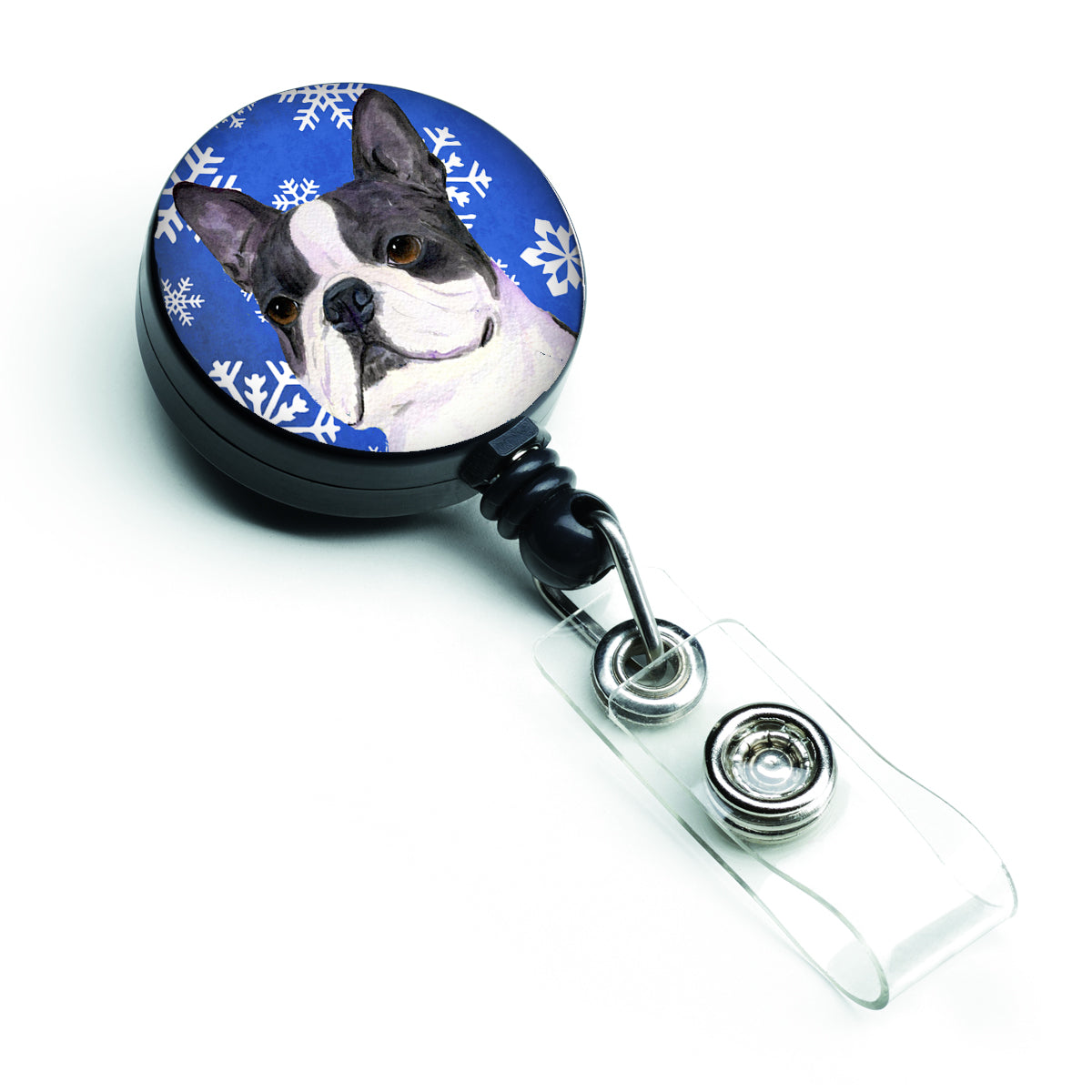 Boston Terrier Winter Snowflakes Holiday Retractable Badge Reel for Nurses ID Badge Holder with Clip Retractable Employee Badge Holder, Belt Clip