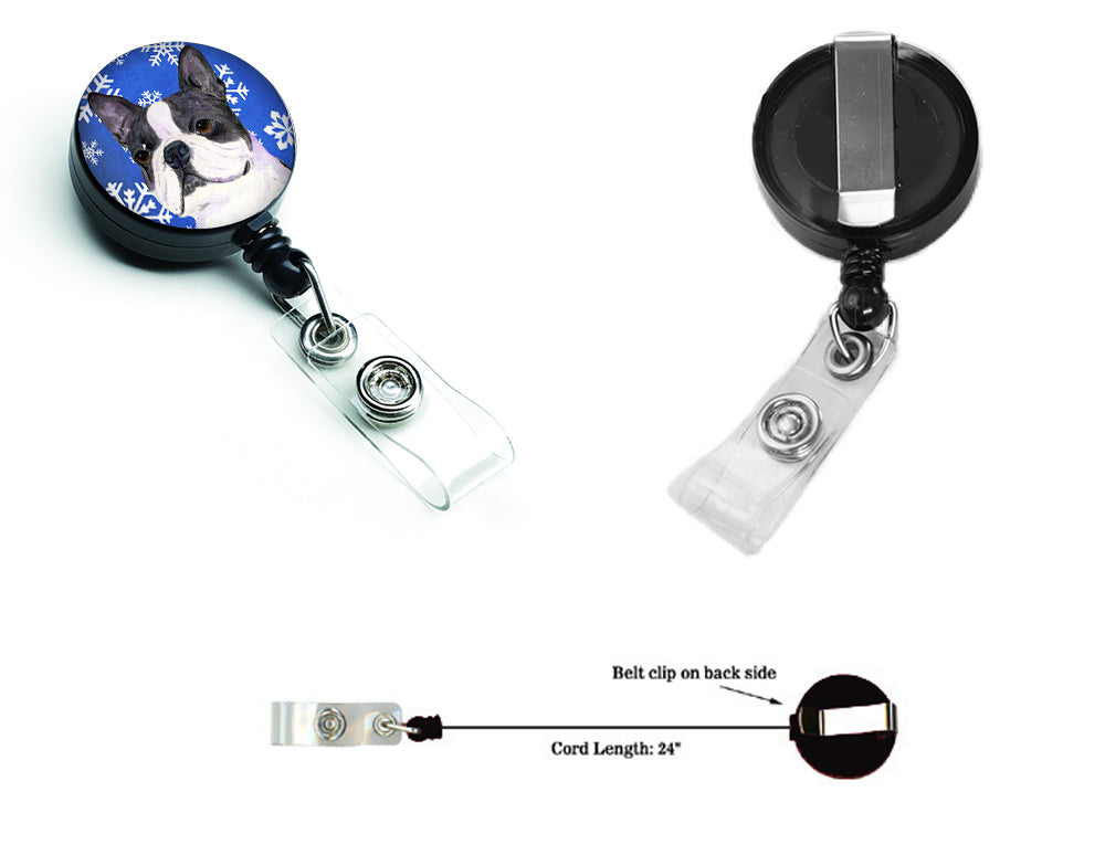 Boston Terrier Winter Snowflakes Holiday Retractable Badge Reel for Nurses ID Badge Holder with Clip Retractable Employee Badge Holder, Belt Clip