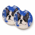 Boston Terrier Winter Snowflakes Holiday Set of 2 Cup Holder Car Coasters Absorbent Round Sandstone Coasters Gifts for Men or Women, 2.5, Multicolor
