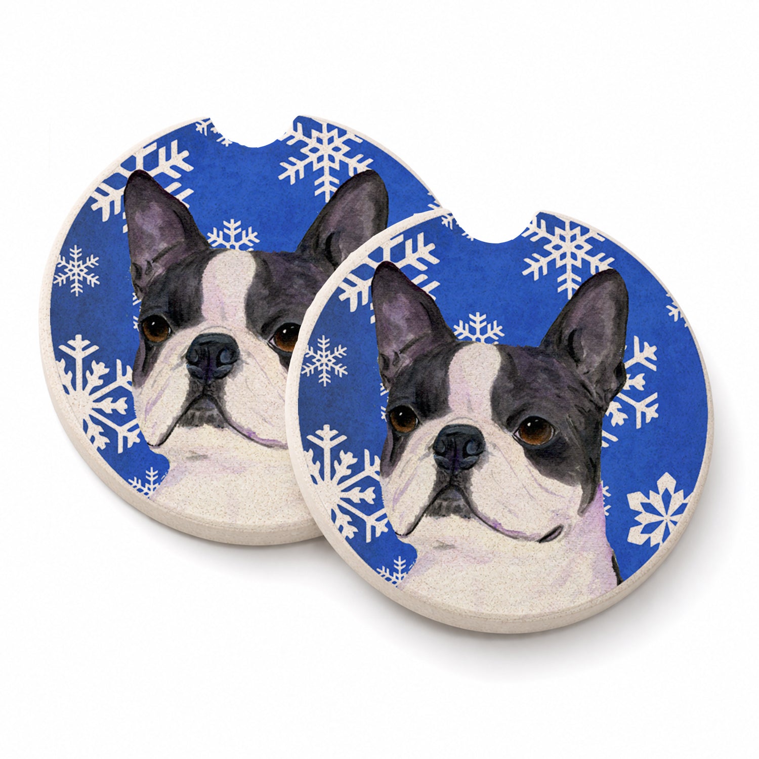 Boston Terrier Winter Snowflakes Holiday Set of 2 Cup Holder Car Coasters Absorbent Round Sandstone Coasters Gifts for Men or Women, 2.5, Multicolor