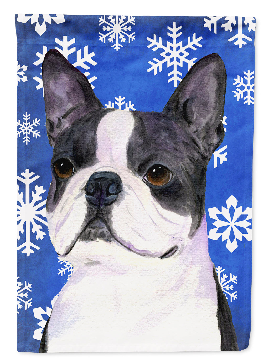Boston Terrier Winter Snowflakes Holiday House Flag 28x40 Porch Sleeve Pole Decorative Outside Yard Banner Artwork Wall Hanging, Polyester