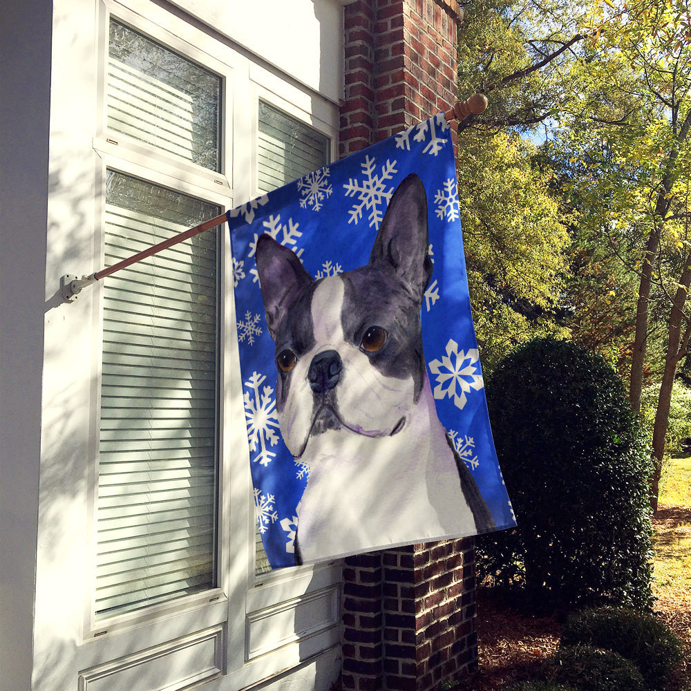 Boston Terrier Winter Snowflakes Holiday House Flag 28x40 Porch Sleeve Pole Decorative Outside Yard Banner Artwork Wall Hanging, Polyester