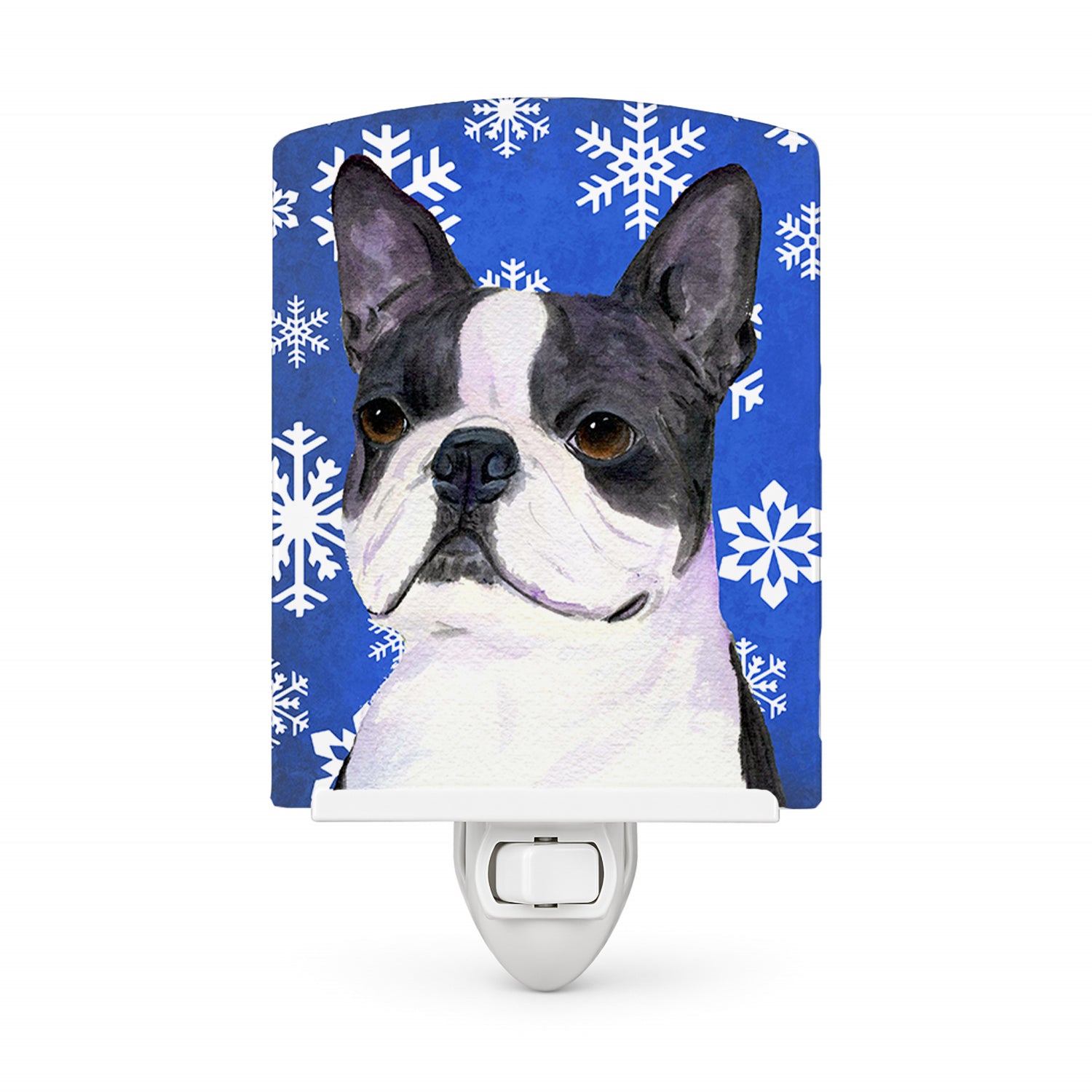 Boston Terrier Winter Snowflakes Holiday Ceramic Night Light Compact, UL-Certified, Ideal for Bedroom, Bathroom, Nursery, Hallway, Kitchen, 6x4x3, Multicolor