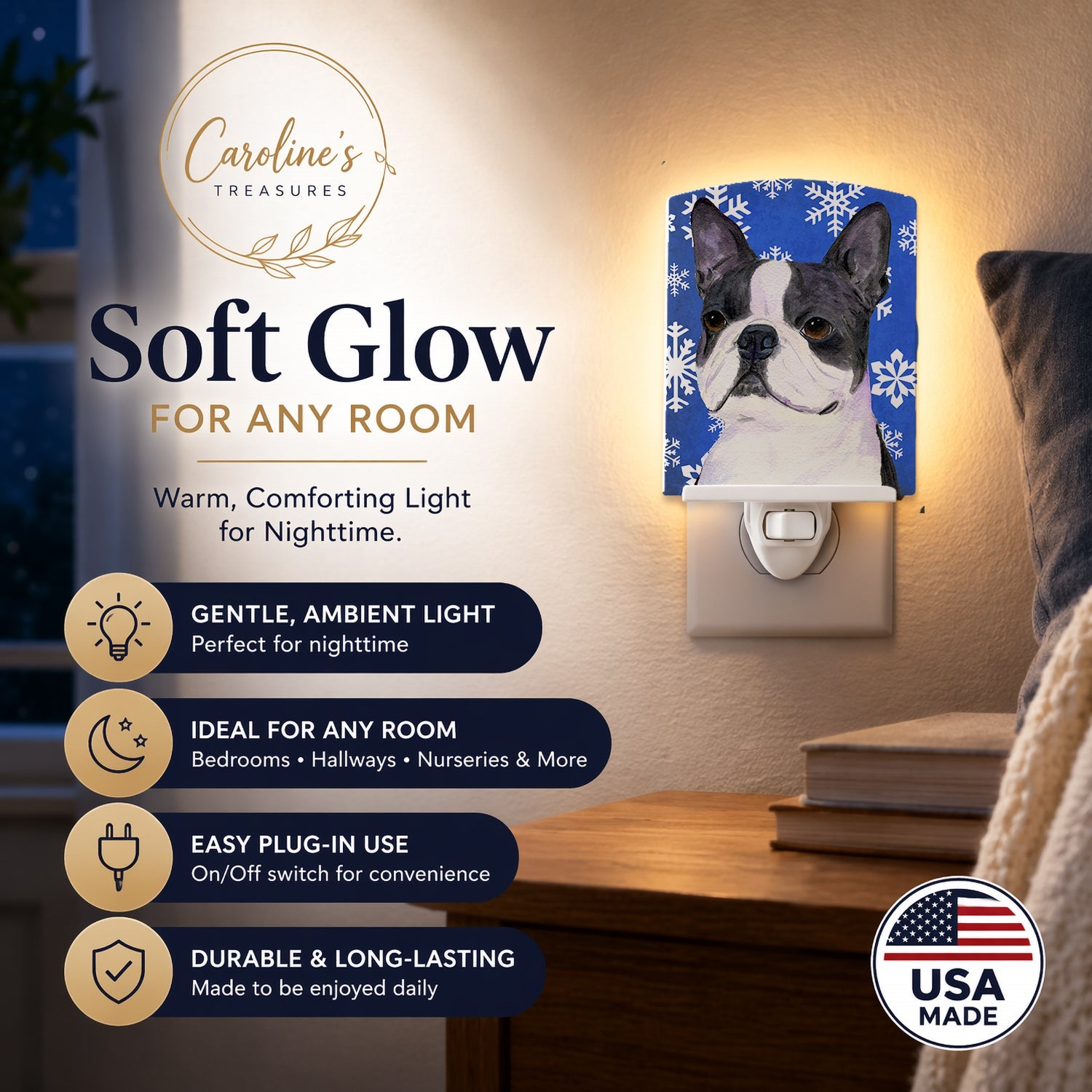 Boston Terrier Winter Snowflakes Holiday Ceramic Night Light Compact, UL-Certified, Ideal for Bedroom, Bathroom, Nursery, Hallway, Kitchen, 6x4x3, Multicolor