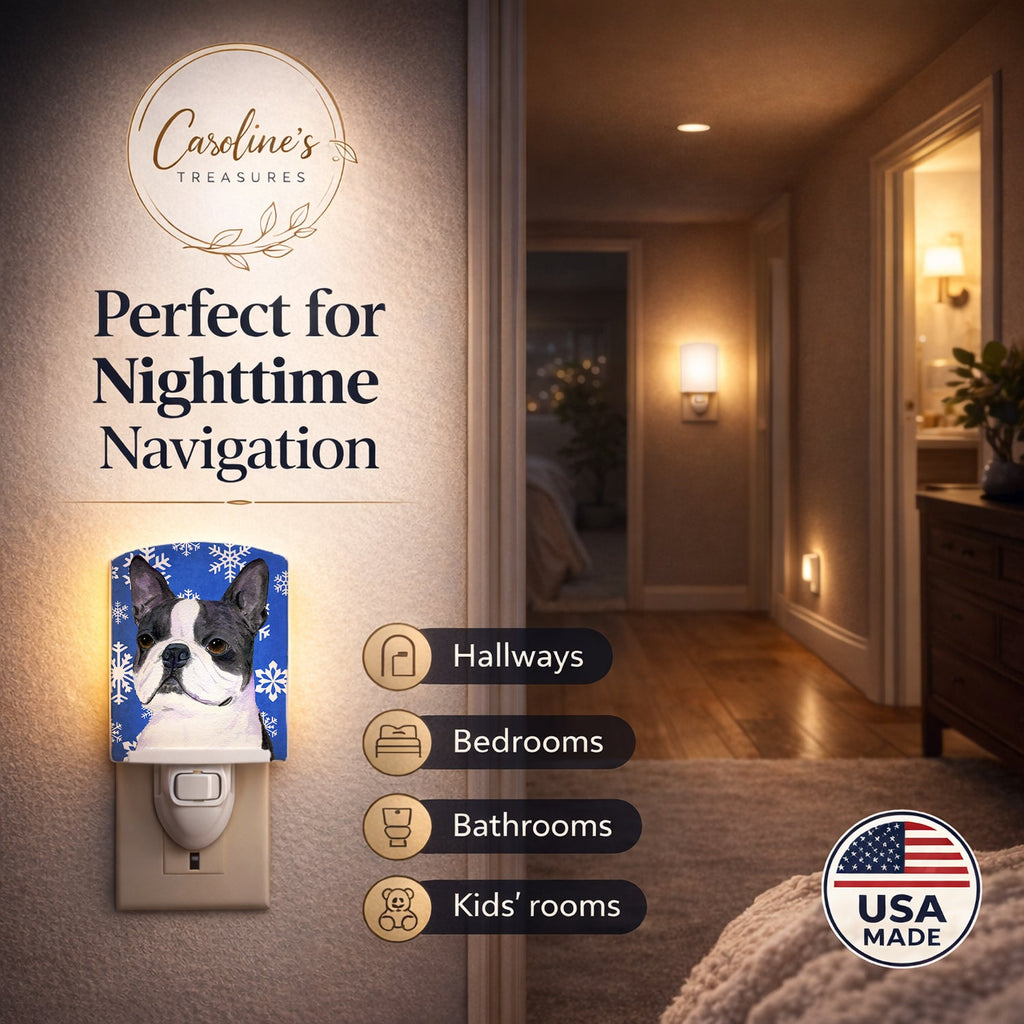 Boston Terrier Winter Snowflakes Holiday Ceramic Night Light Compact, UL-Certified, Ideal for Bedroom, Bathroom, Nursery, Hallway, Kitchen, 6x4x3, Multicolor