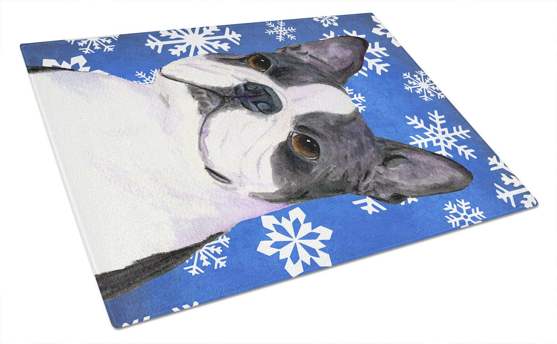 Boston Terrier Winter Snowflakes Holiday Cutting Board Tempered Glass Kitchen Cutting Surface, Heat Resistant Chopping, Non-Slip Feet, Food Prep & Serving