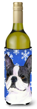 Boston Terrier Winter Snowflakes Holiday Wine Bottle Hugger Gift Sleeve for Standard 750 ml Bottles, Insulated Reusable Also Fits Mini Shot & Pint Bottles