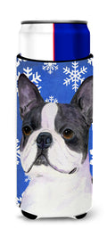 Boston Terrier Winter Snowflakes Holiday Slim Can Hugger , Insulated Foam Hugger for 12 oz Slim Cans, Beer Bottles & Water Bottles, Printed in USA