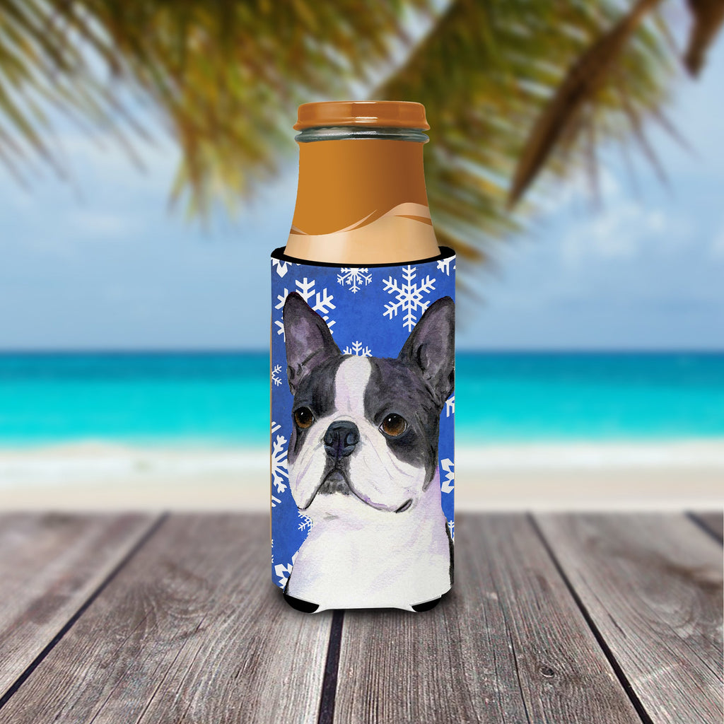 Boston Terrier Winter Snowflakes Holiday Slim Can Hugger , Insulated Foam Hugger for 12 oz Slim Cans, Beer Bottles & Water Bottles, Printed in USA