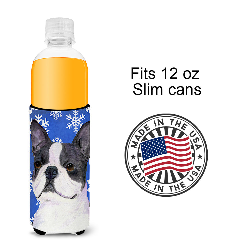 Boston Terrier Winter Snowflakes Holiday Slim Can Hugger , Insulated Foam Hugger for 12 oz Slim Cans, Beer Bottles & Water Bottles, Printed in USA