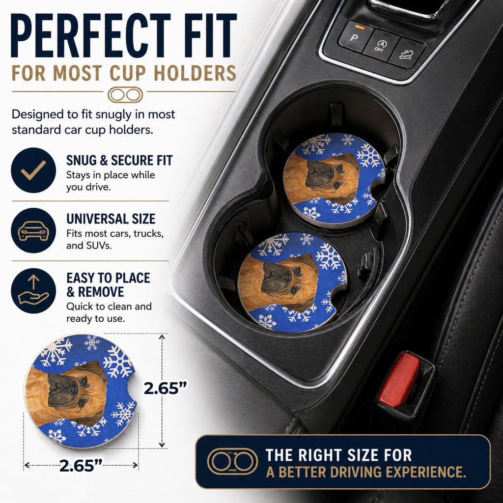 Bullmastiff Winter Snowflakes Holiday Set of 2 Cup Holder Car Coasters Absorbent Round Sandstone Coasters Gifts for Men or Women, 2.5, Multicolor