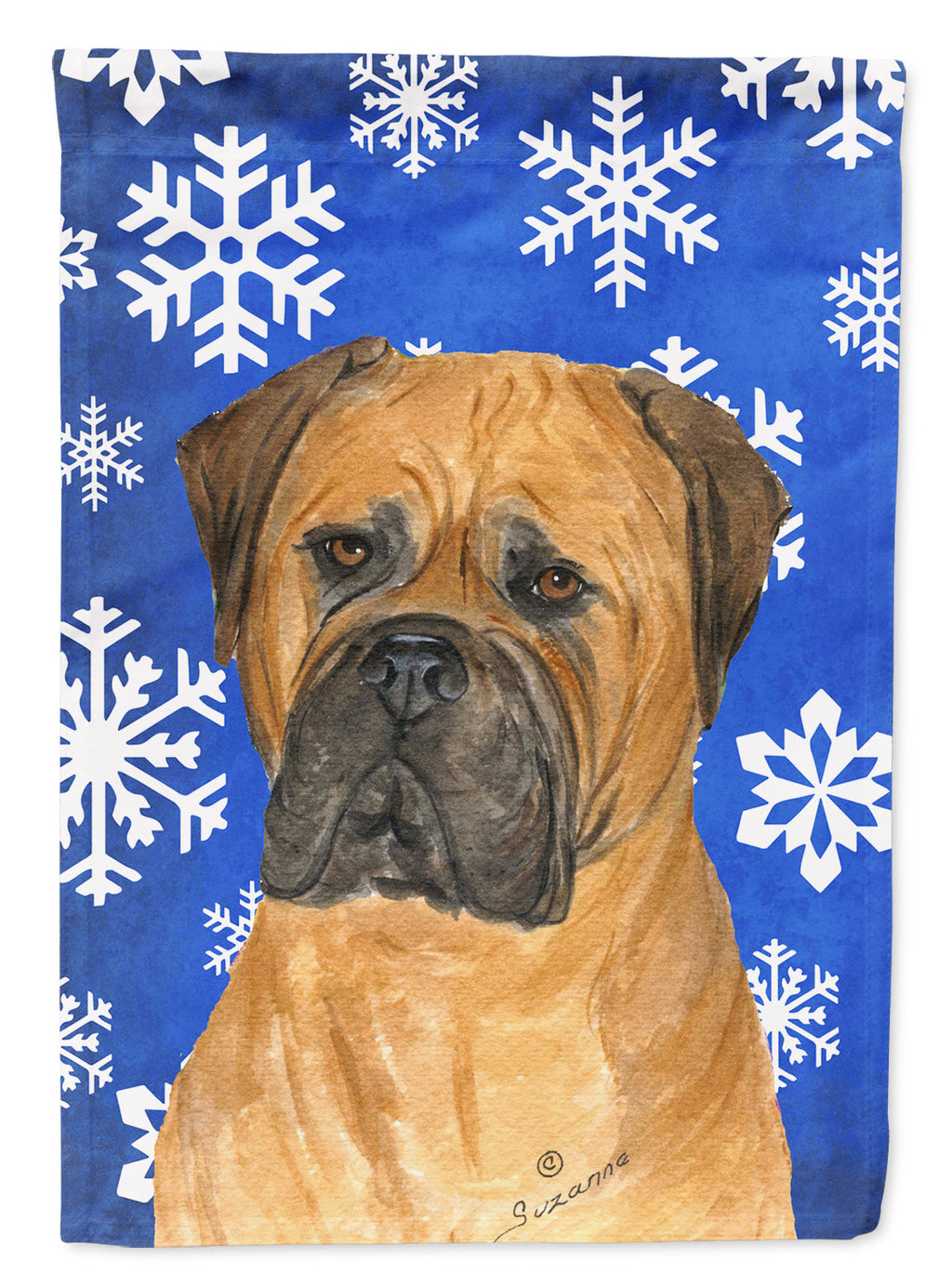 Bullmastiff Winter Snowflakes Holiday House Flag 28x40 Porch Sleeve Pole Decorative Outside Yard Banner Artwork Wall Hanging, Polyester