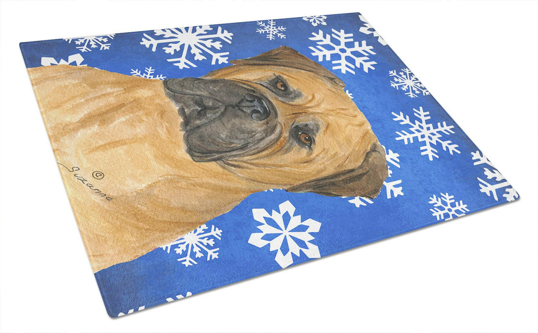 Bullmastiff Winter Snowflakes Holiday Cutting Board Tempered Glass Kitchen Cutting Surface, Heat Resistant Chopping, Non-Slip Feet, Food Prep & Serving