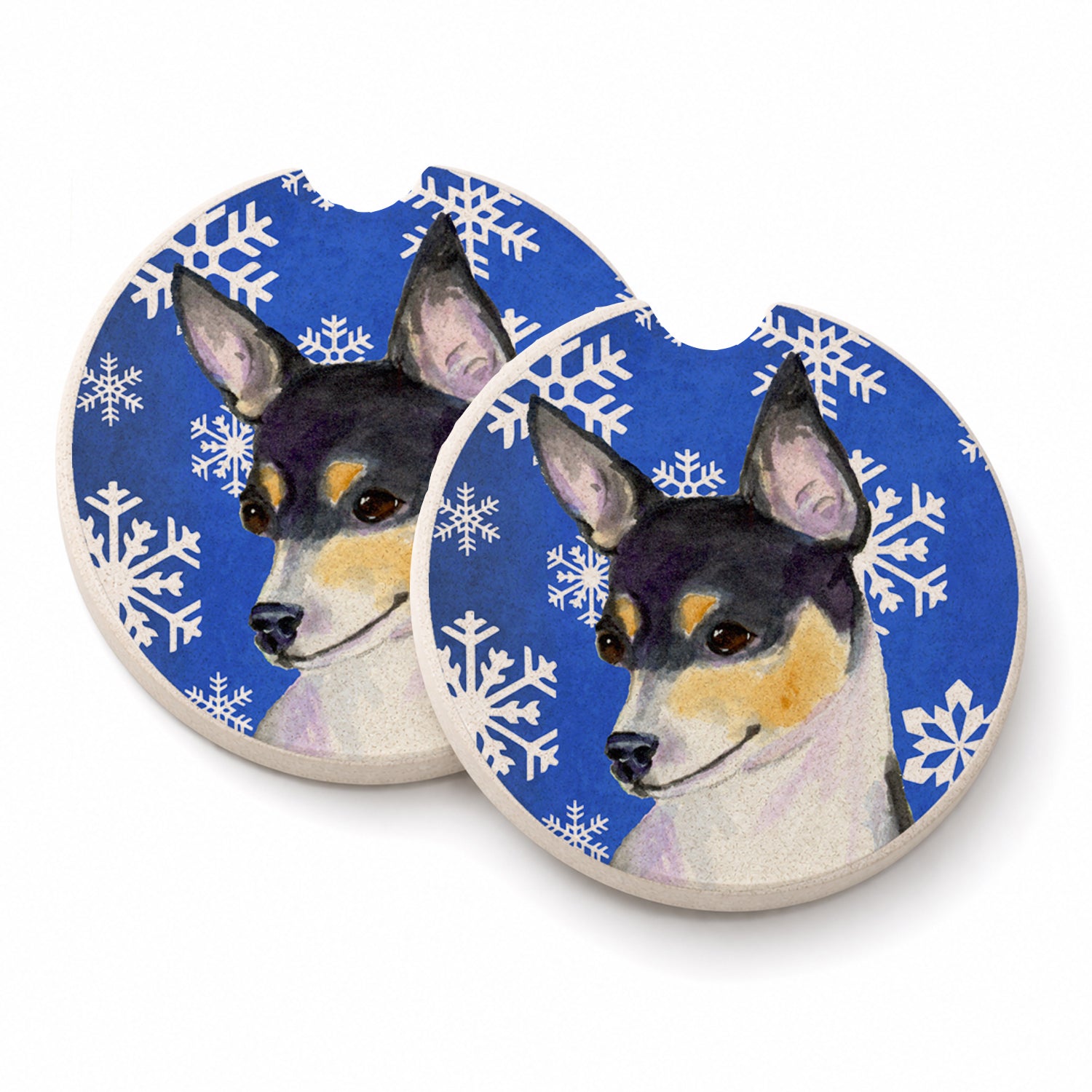 Chihuahua Winter Snowflakes Holiday Set of 2 Cup Holder Car Coasters Absorbent Round Sandstone Coasters Gifts for Men or Women, 2.5, Multicolor
