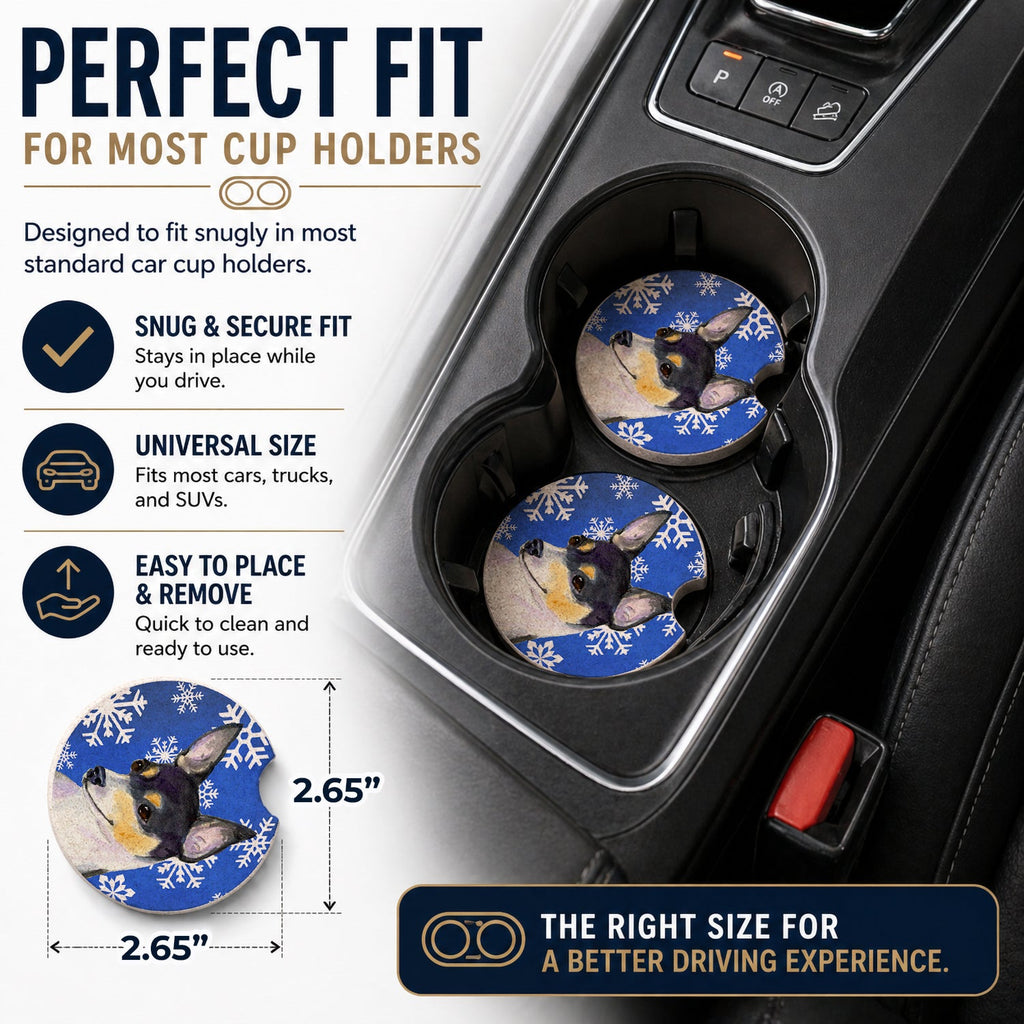 Chihuahua Winter Snowflakes Holiday Set of 2 Cup Holder Car Coasters Absorbent Round Sandstone Coasters Gifts for Men or Women, 2.5, Multicolor