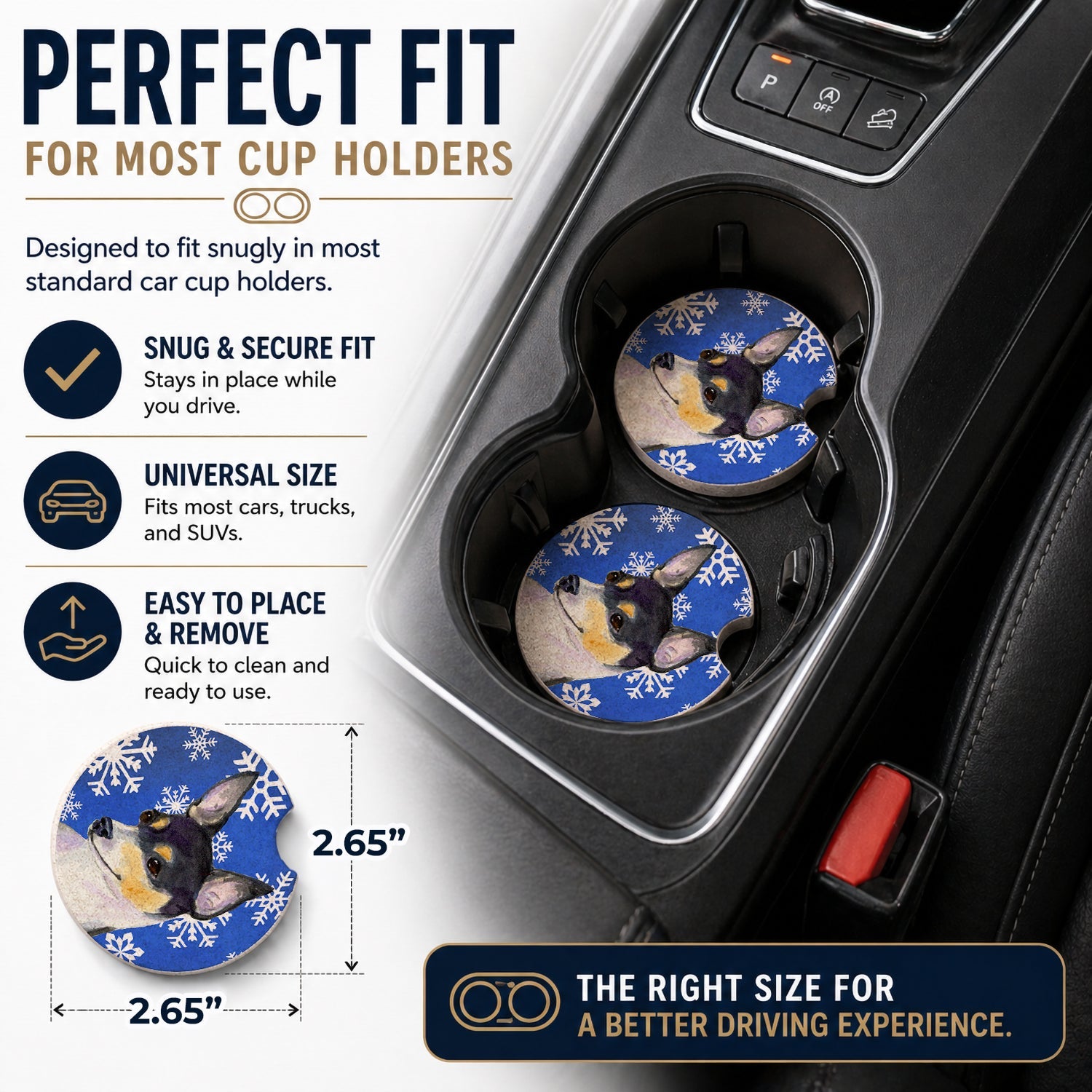 Chihuahua Winter Snowflakes Holiday Set of 2 Cup Holder Car Coasters Absorbent Round Sandstone Coasters Gifts for Men or Women, 2.5, Multicolor