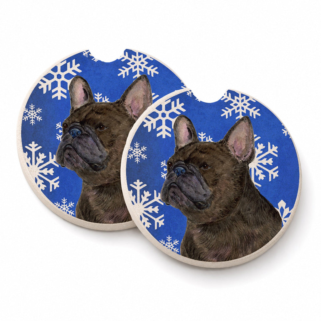 French Bulldog Winter Snowflakes Holiday Set of 2 Cup Holder Car Coasters Absorbent Round Sandstone Coasters Gifts for Men or Women, 2.5, Multicolor