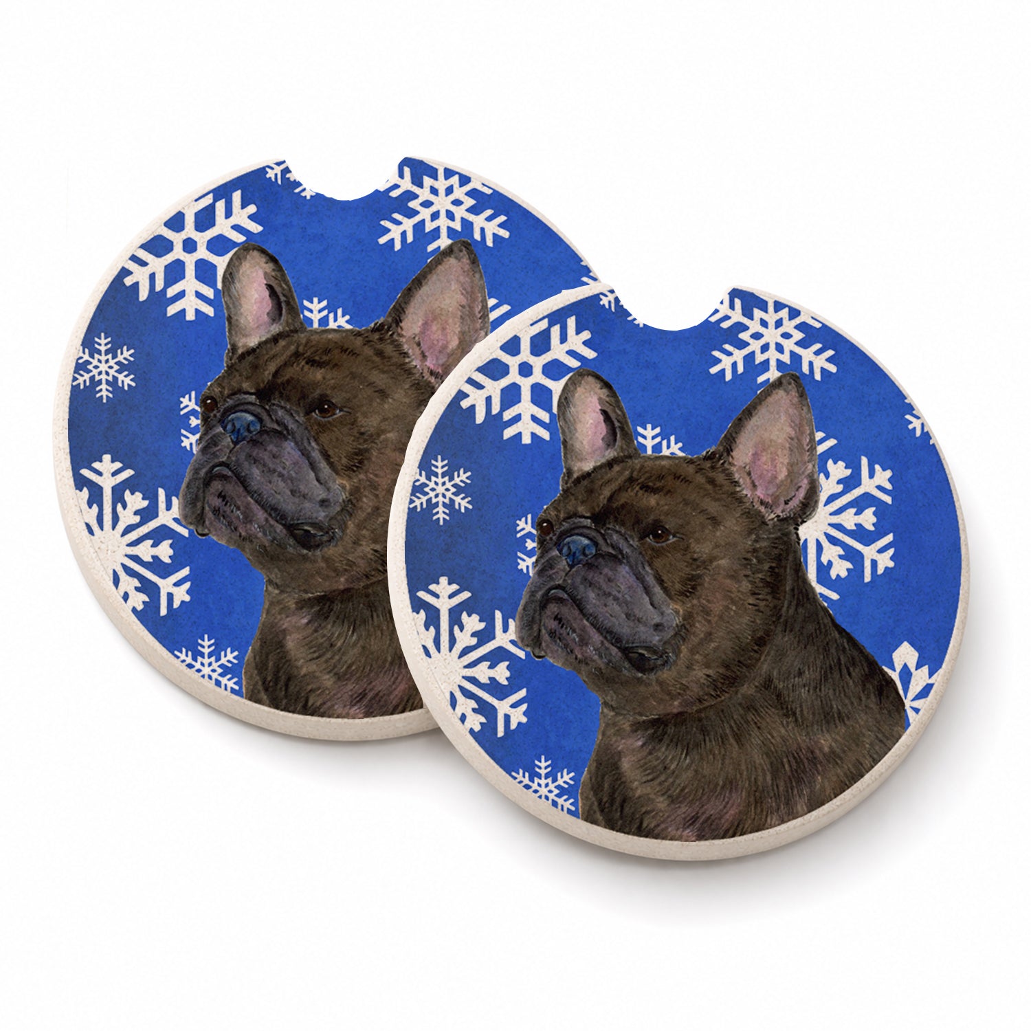 French Bulldog Winter Snowflakes Holiday Set of 2 Cup Holder Car Coasters Absorbent Round Sandstone Coasters Gifts for Men or Women, 2.5, Multicolor