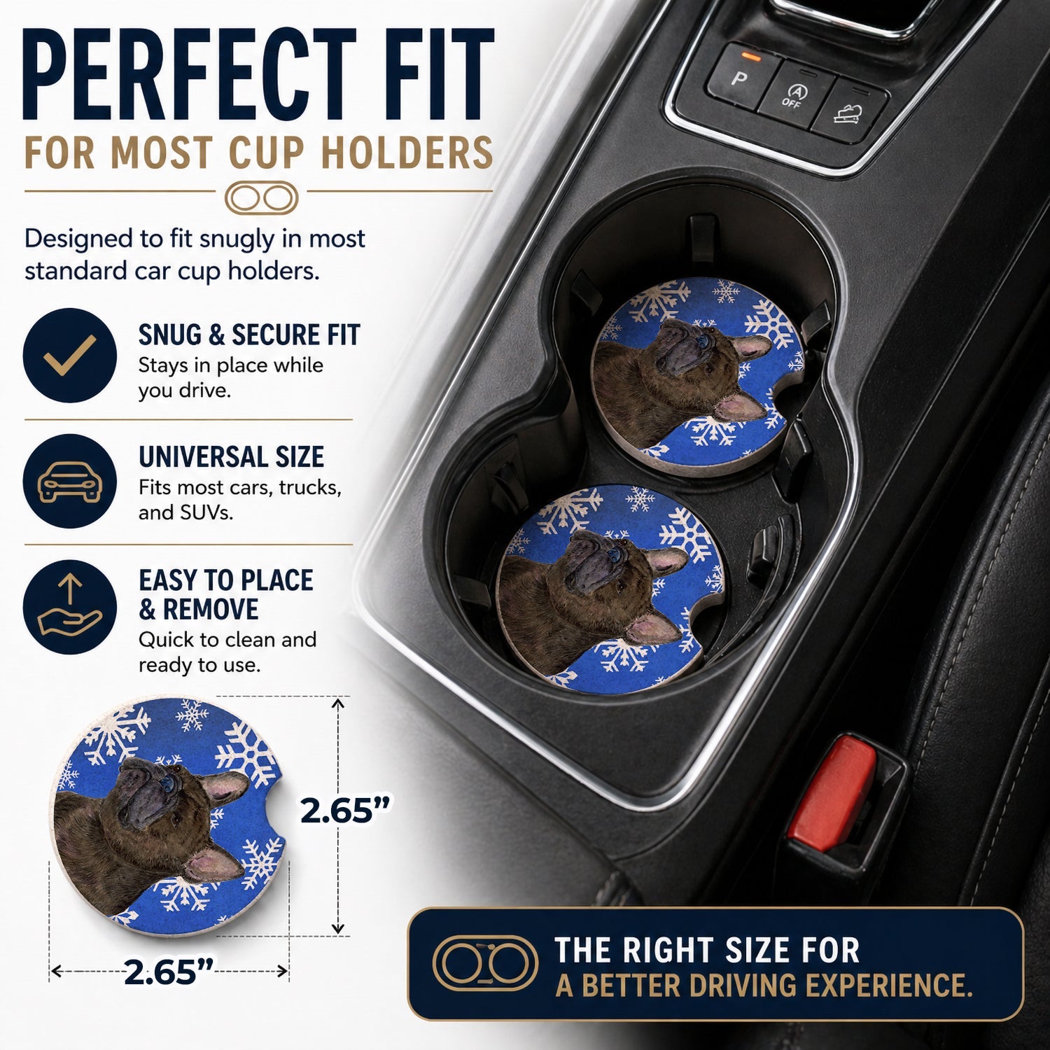 French Bulldog Winter Snowflakes Holiday Set of 2 Cup Holder Car Coasters Absorbent Round Sandstone Coasters Gifts for Men or Women, 2.5, Multicolor
