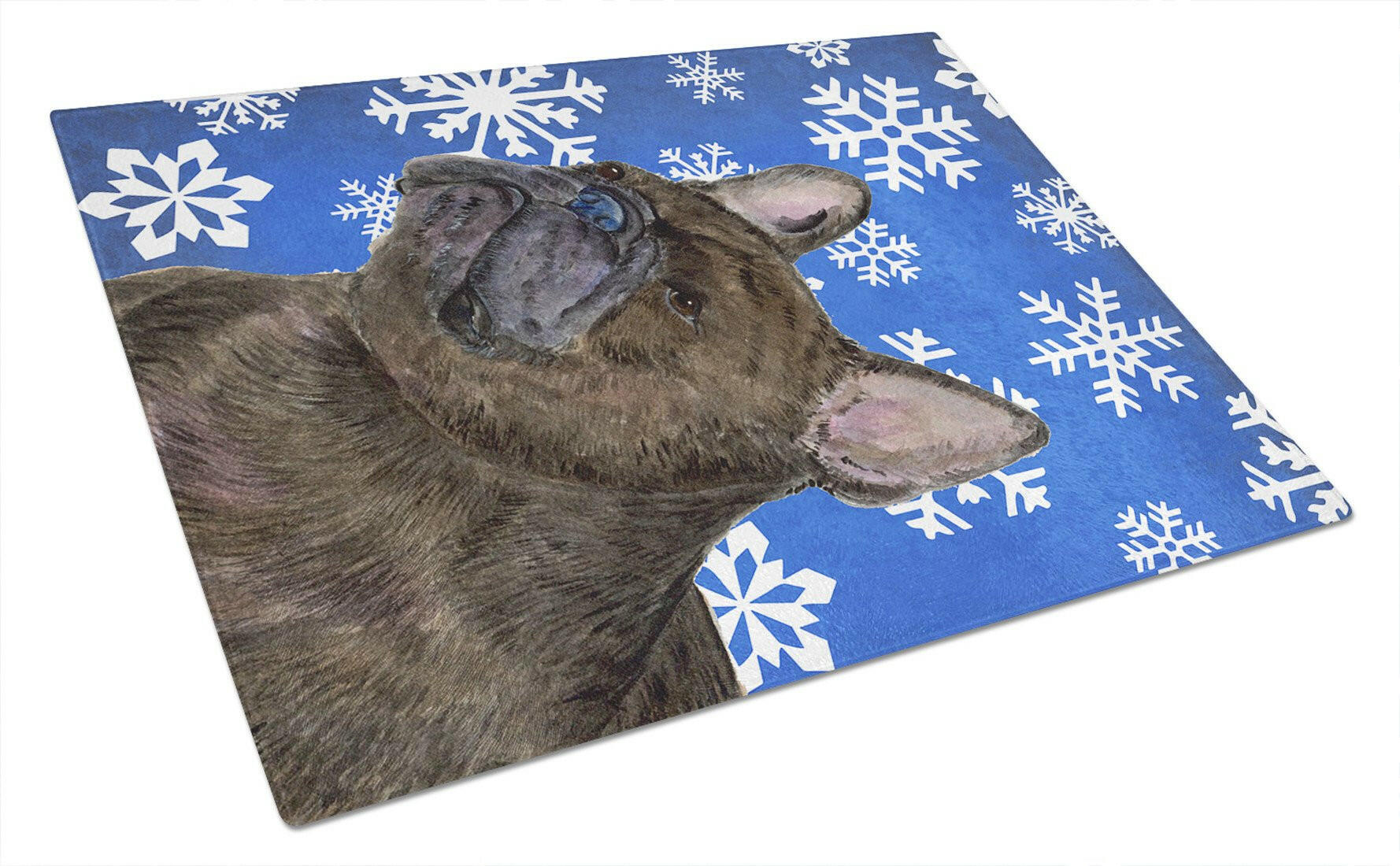 French Bulldog Winter Snowflakes Holiday Cutting Board Tempered Glass Kitchen Cutting Surface, Heat Resistant Chopping, Non-Slip Feet, Food Prep & Serving