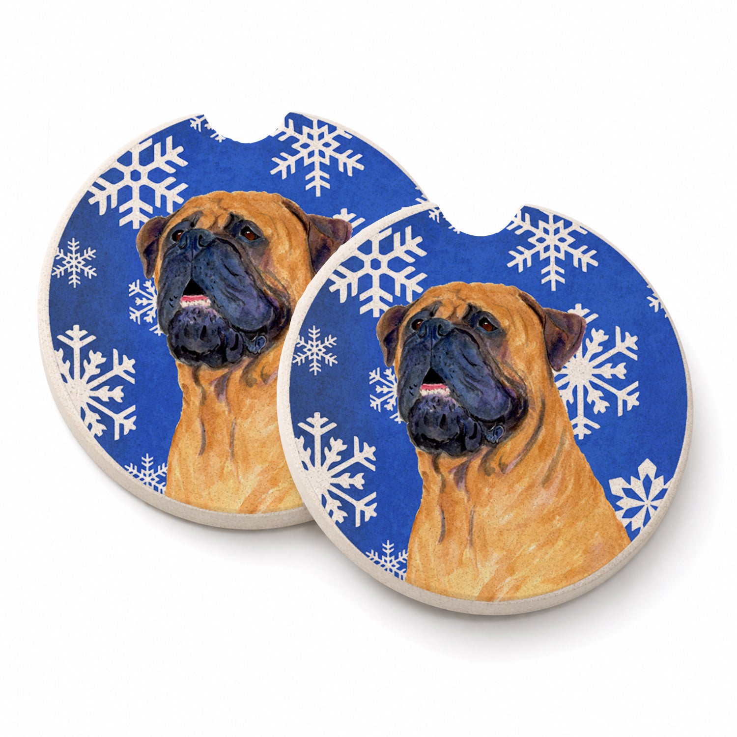 Mastiff Winter Snowflakes Holiday Set of 2 Cup Holder Car Coasters Absorbent Round Sandstone Coasters Gifts for Men or Women, 2.5, Multicolor