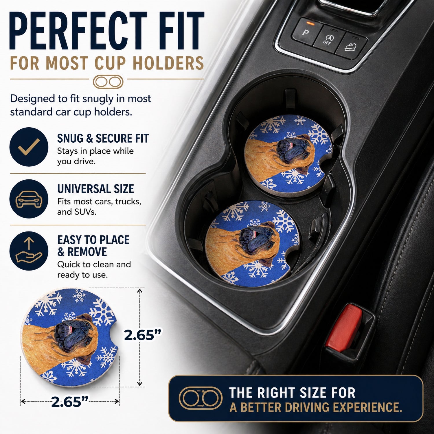 Mastiff Winter Snowflakes Holiday Set of 2 Cup Holder Car Coasters Absorbent Round Sandstone Coasters Gifts for Men or Women, 2.5, Multicolor