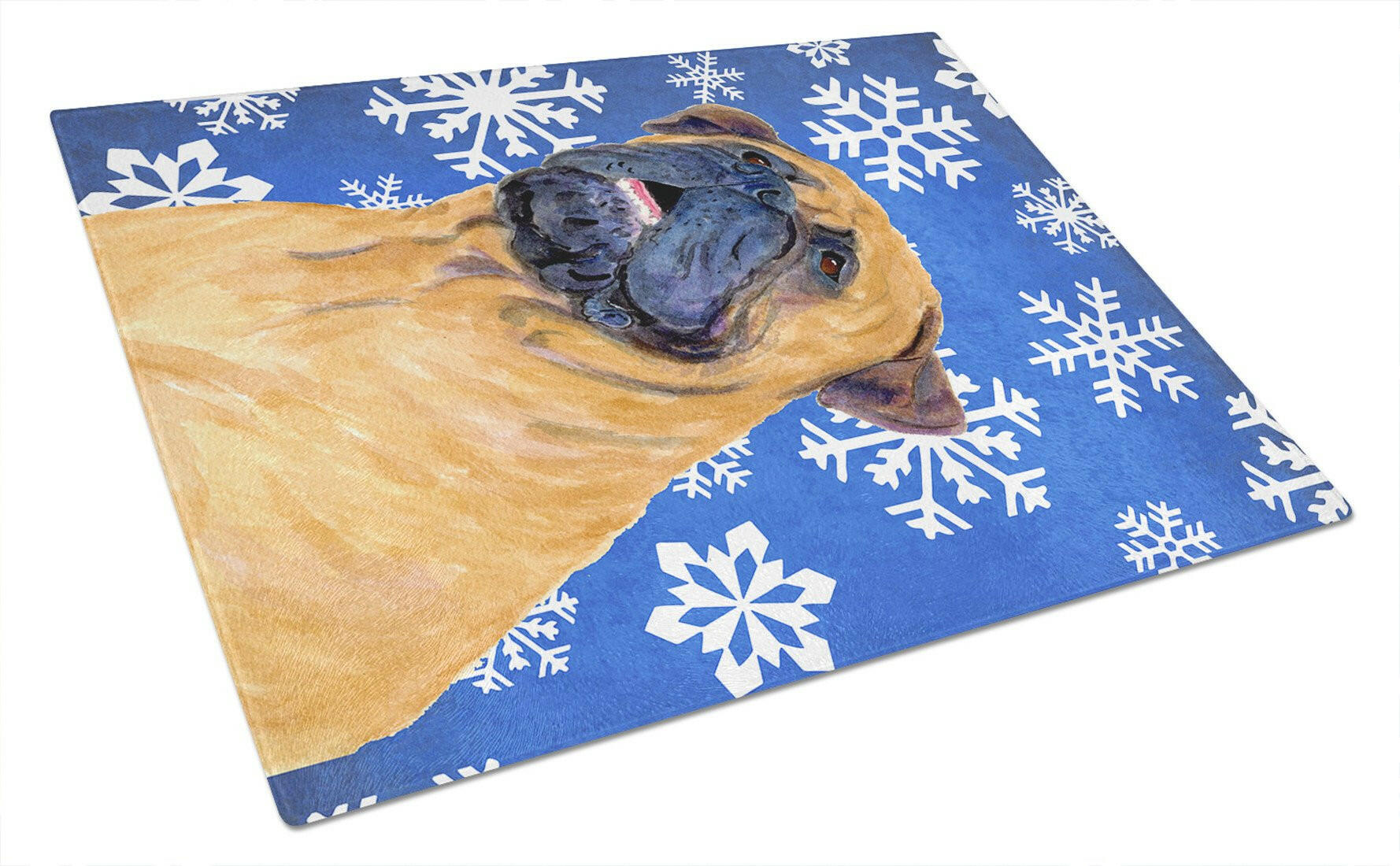 Mastiff Winter Snowflakes Holiday Cutting Board Tempered Glass Kitchen Cutting Surface, Heat Resistant Chopping, Non-Slip Feet, Food Prep & Serving
