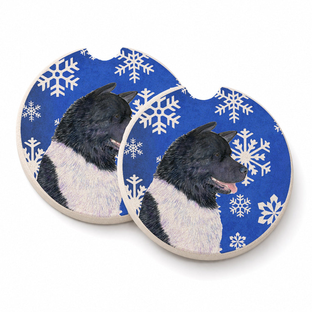 Akita Winter Snowflakes Holiday Set of 2 Cup Holder Car Coasters Absorbent Round Sandstone Coasters Gifts for Men or Women, 2.5, Multicolor